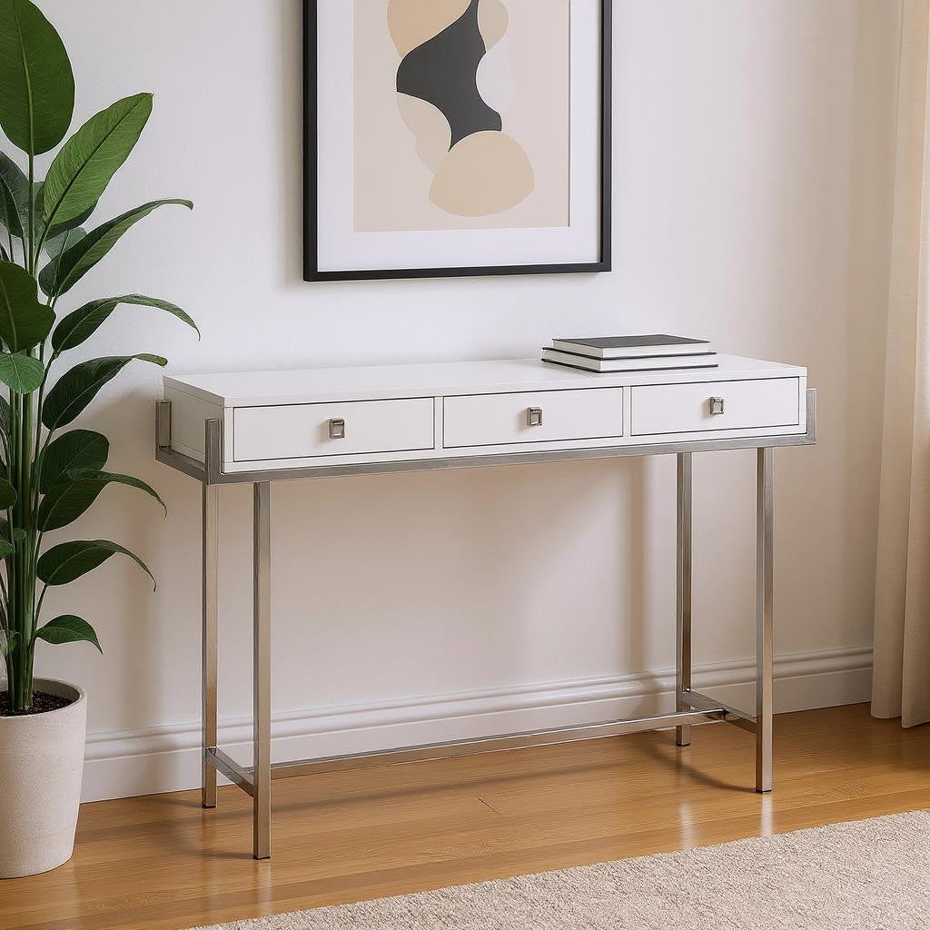 48" White and Silver Console Table And Drawers-Console Tables-DECOROLALA