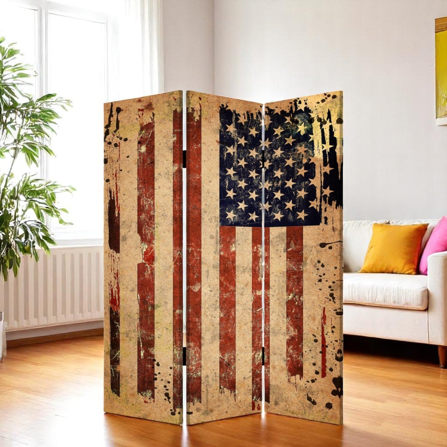 48 X 72 Multi Color Wood Canvas American Flag Screen-Room Dividers-DECOROLALA