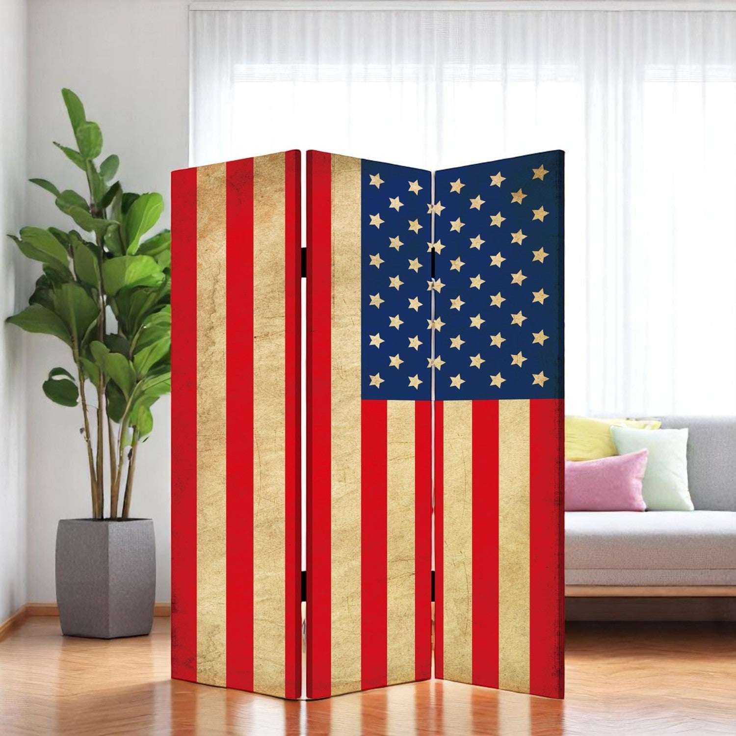 48 X 72 Multi Color Wood Canvas American Flag Screen-Room Dividers-DECOROLALA
