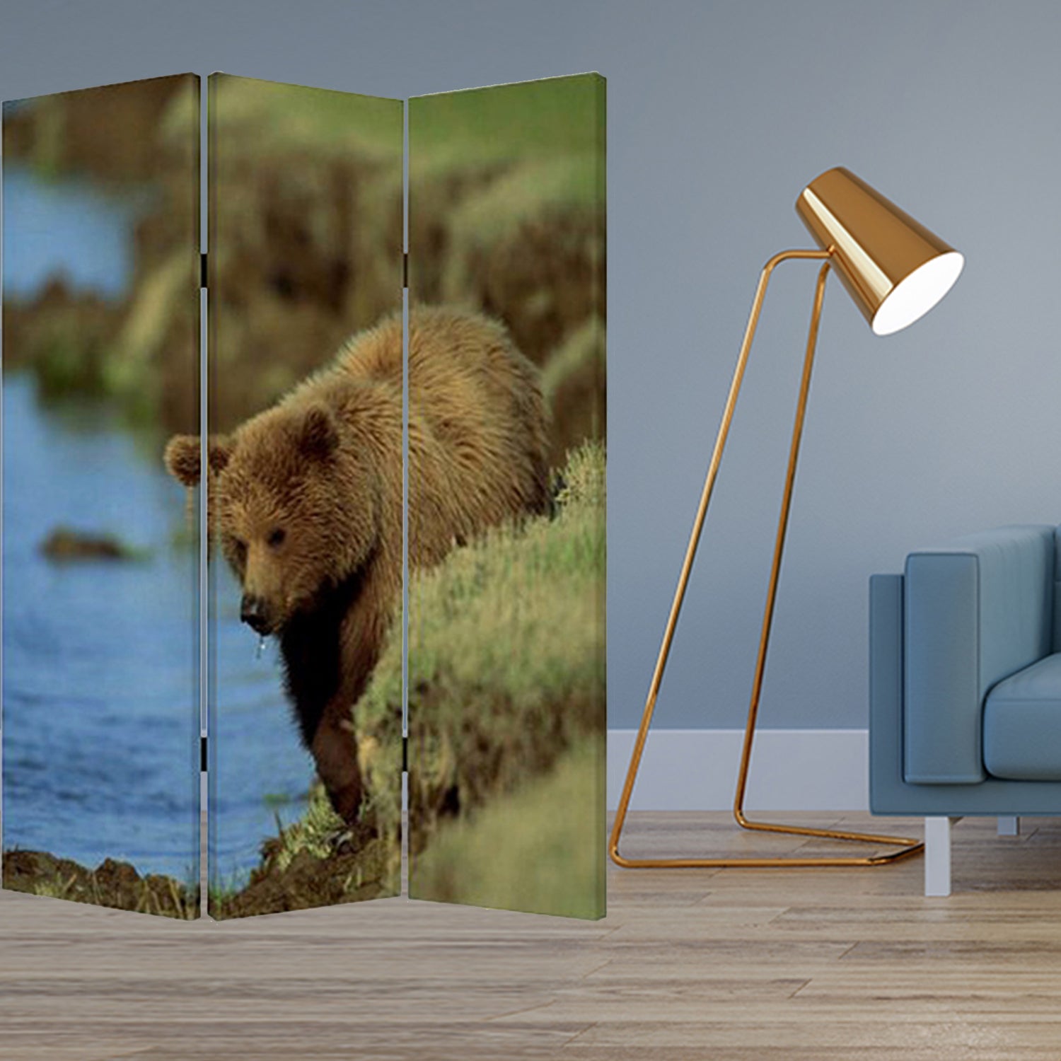 48" X 72" Multi Color Wood Canvas Bear Screen-Room Dividers-DECOROLALA