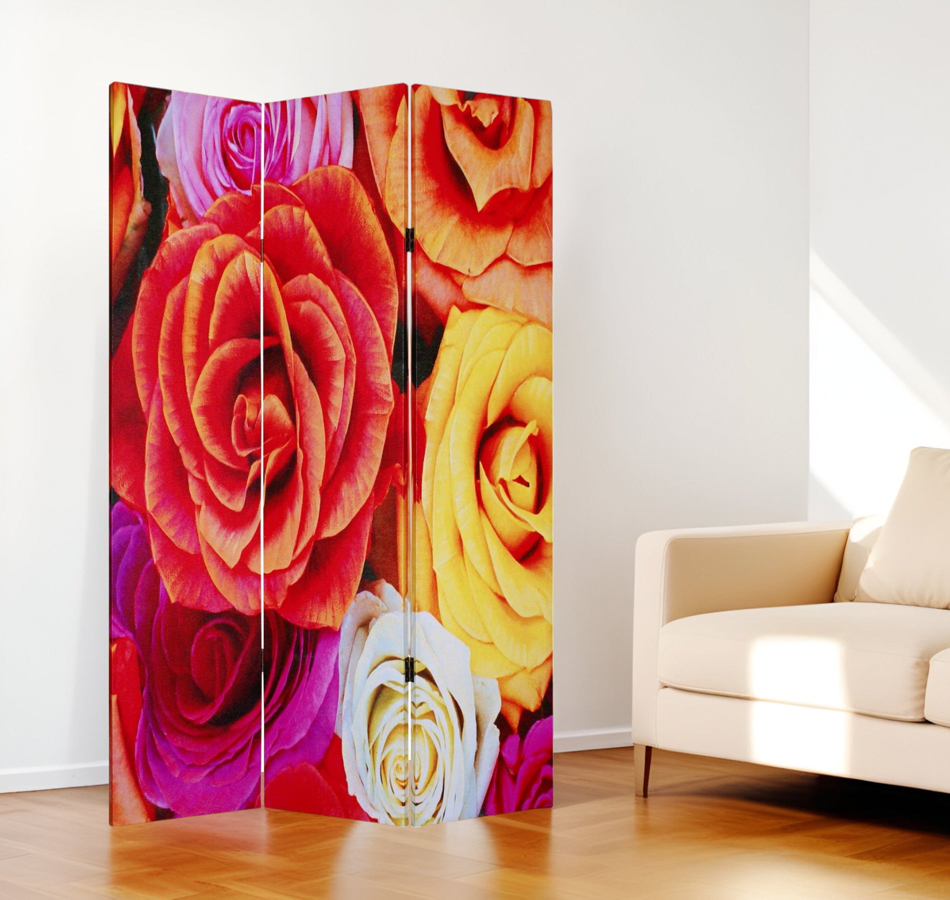 48 X 72 Multi Color Wood Canvas Daisy And Rose Screen-Room Dividers-DECOROLALA