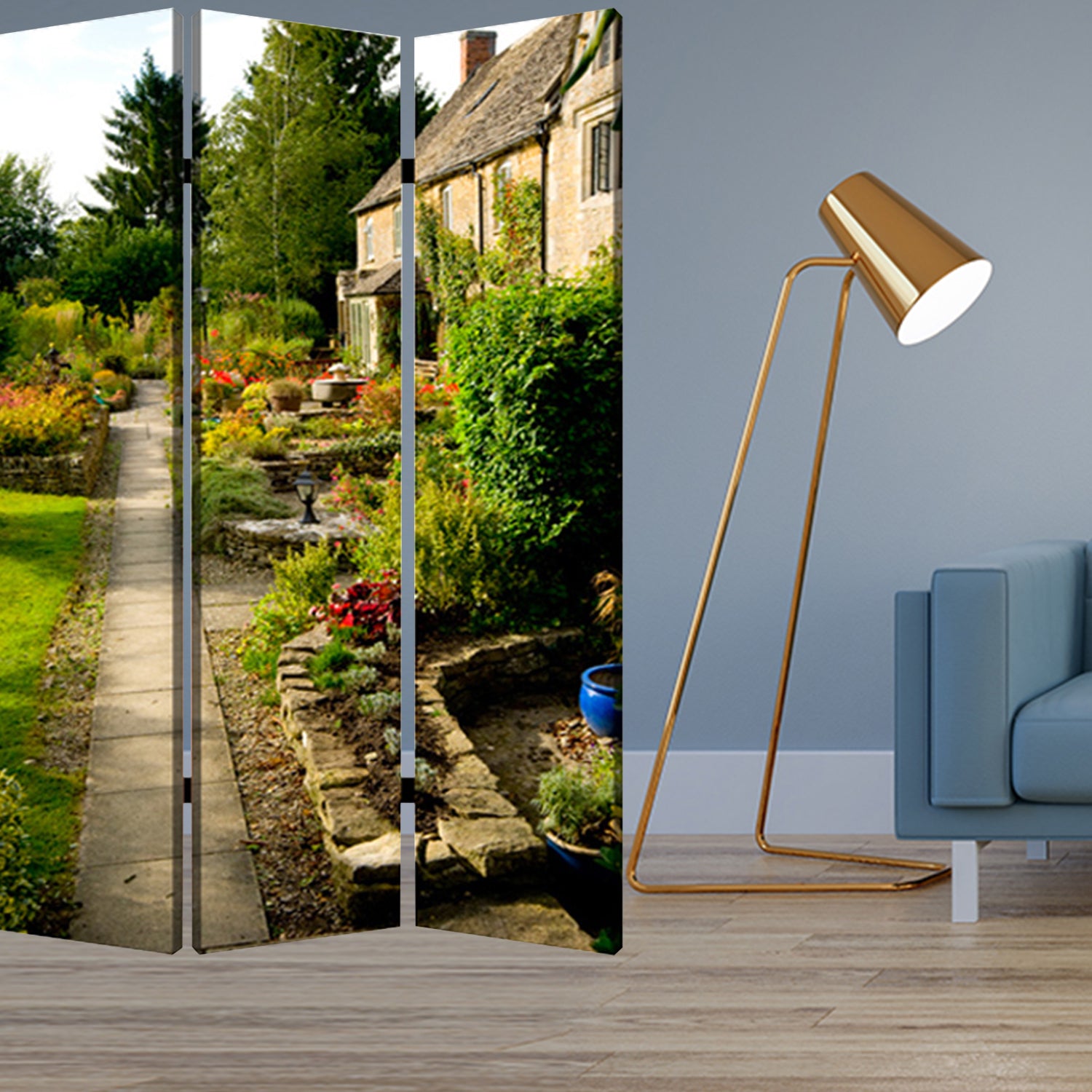 48" X 72" Multi Color Wood Canvas English Garden Screen-Room Dividers-DECOROLALA