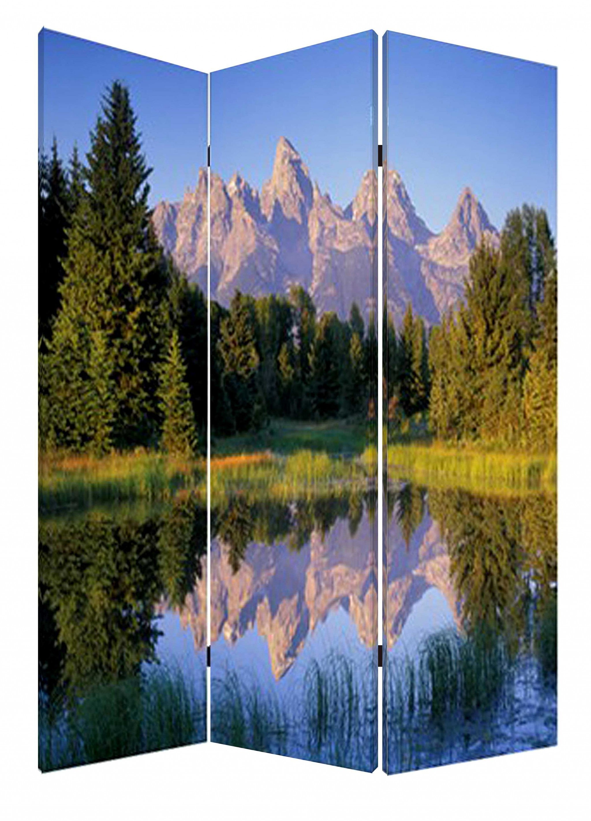 48 X 72 Multi Color Wood Canvas Mountain Peaks Screen-Room Dividers-DECOROLALA