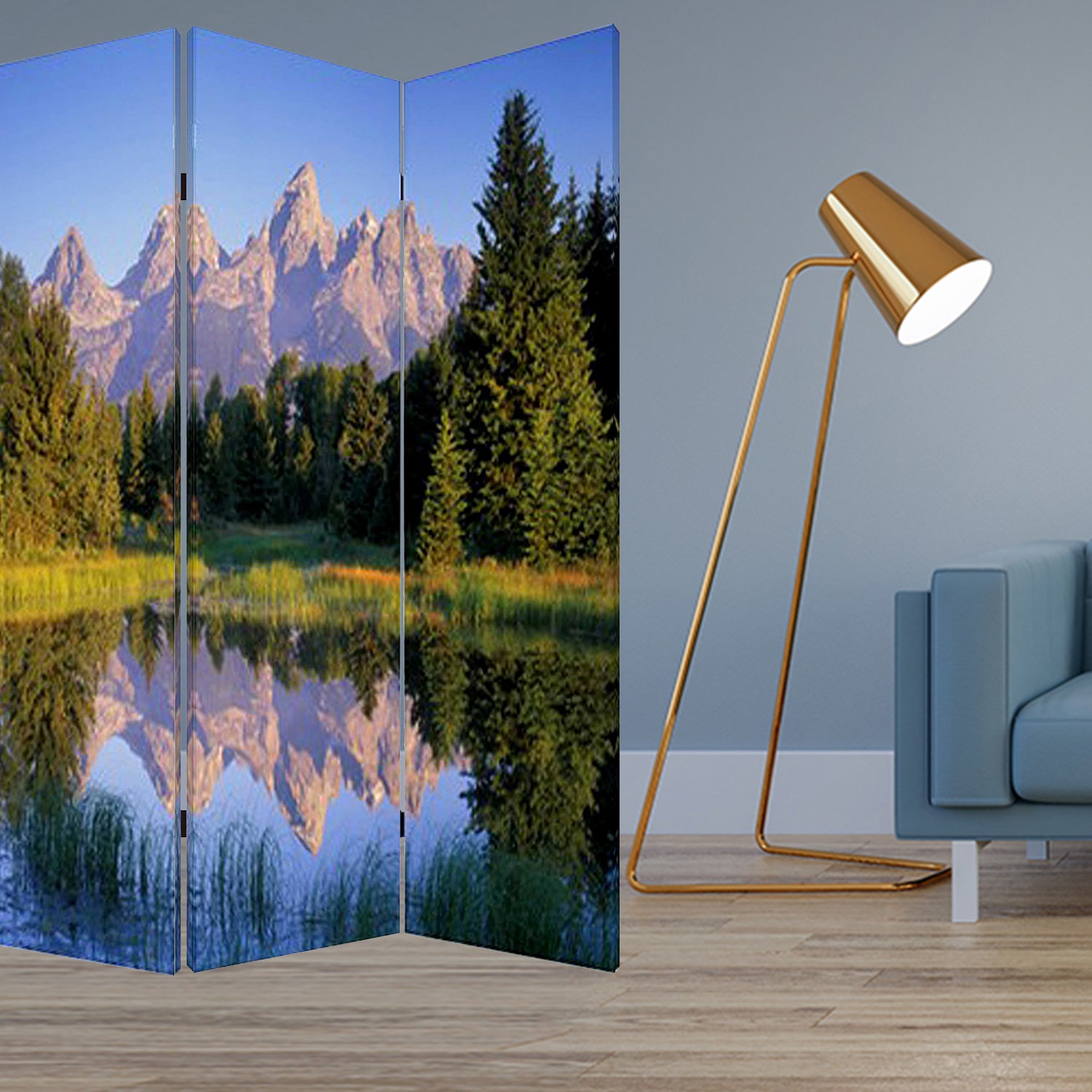 48 X 72 Multi Color Wood Canvas Mountain Peaks Screen-Room Dividers-DECOROLALA