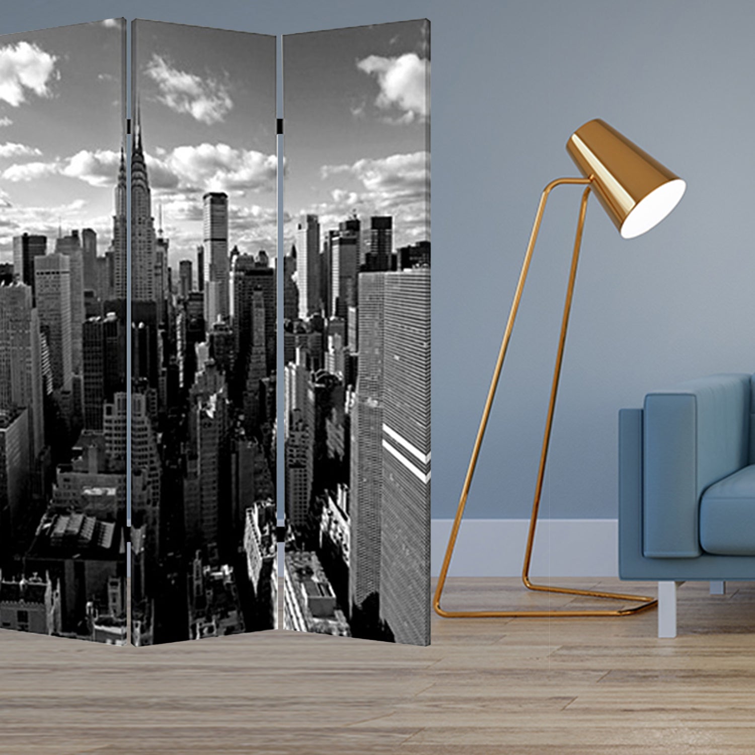 48" X 72" Multi Color Wood Canvas New York Skyline Screen-Room Dividers-DECOROLALA