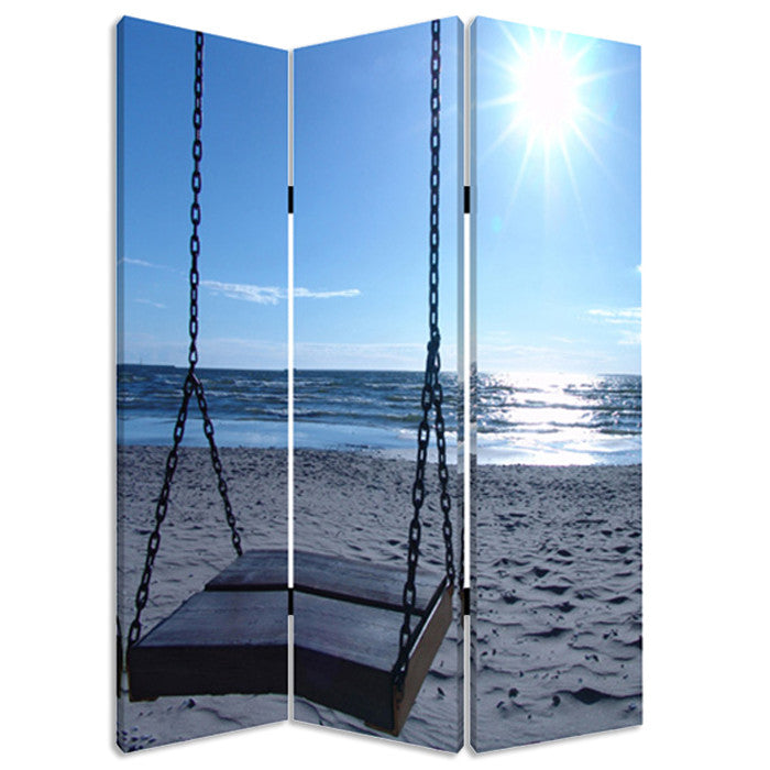 48" X 72" Multi Color Wood Canvas Seaside Serenity Screen-Room Dividers-DECOROLALA