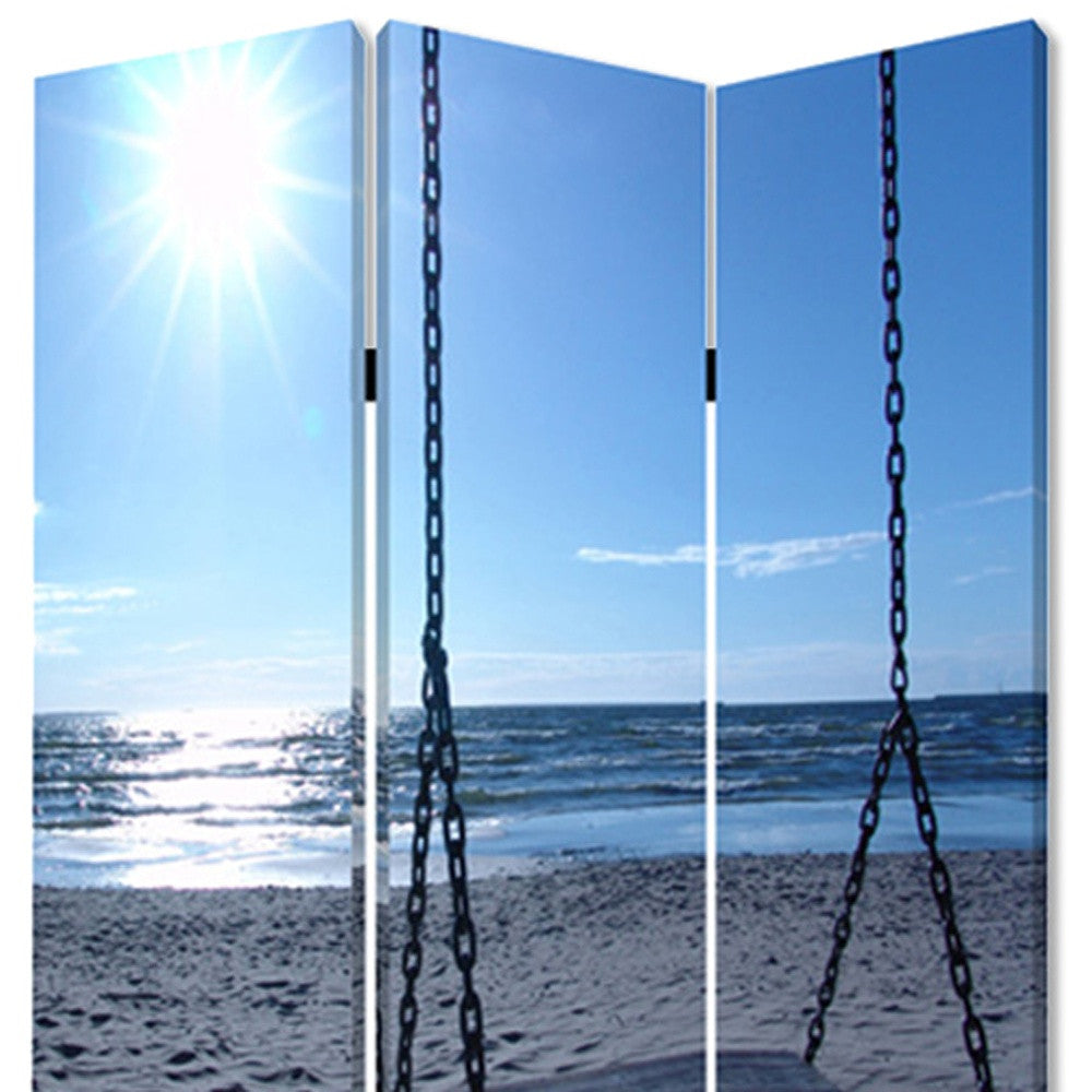 48" X 72" Multi Color Wood Canvas Seaside Serenity Screen-Room Dividers-DECOROLALA