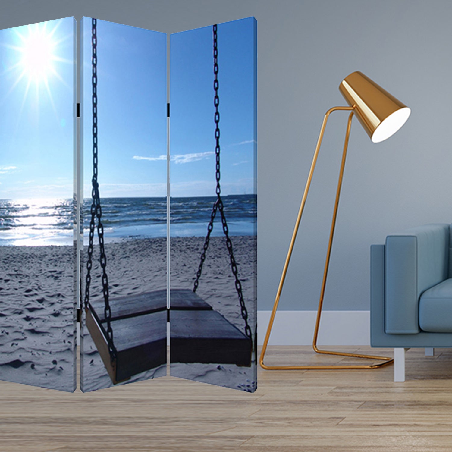 48" X 72" Multi Color Wood Canvas Seaside Serenity Screen-Room Dividers-DECOROLALA