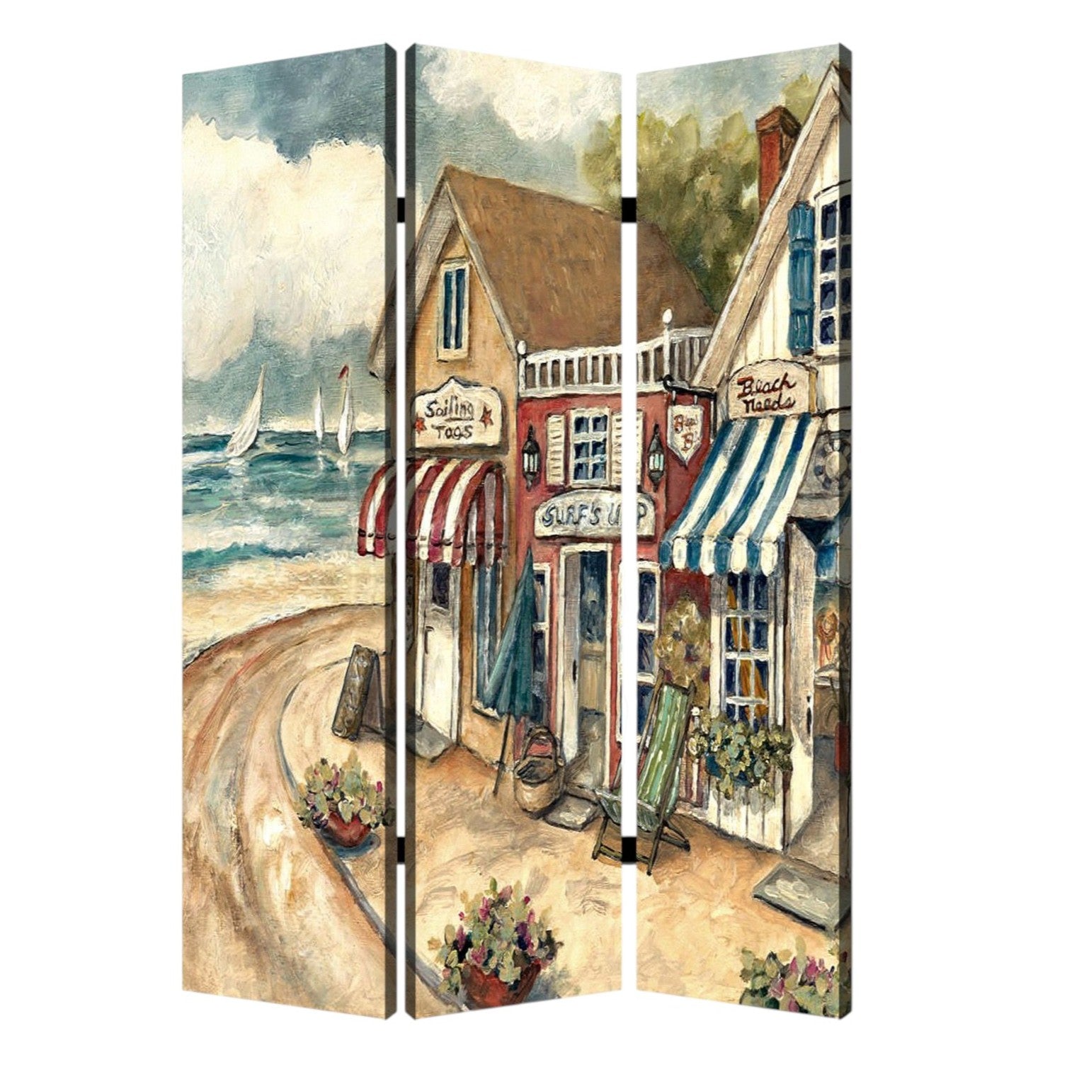 48 X 72 Multi Color Wood Canvas Seaside Town Slate Screen-Room Dividers-DECOROLALA