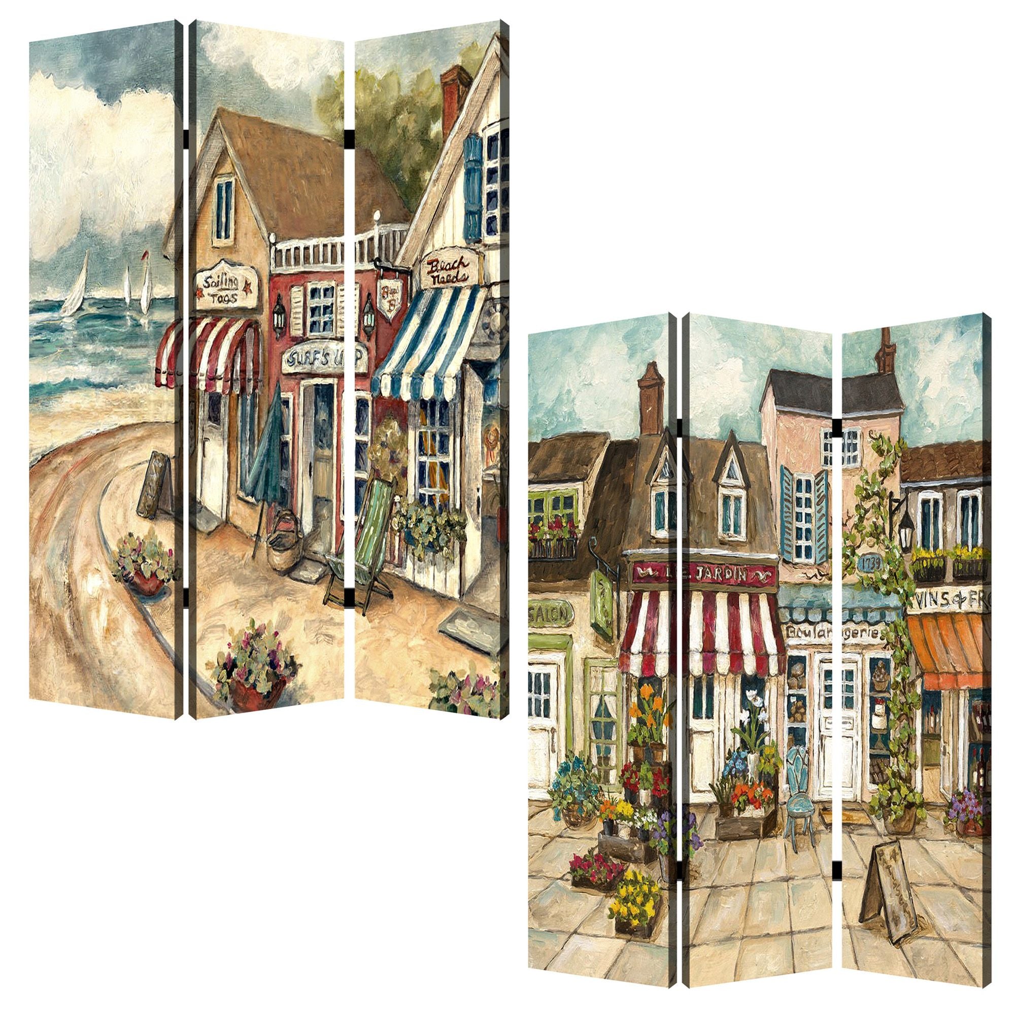 48 X 72 Multi Color Wood Canvas Seaside Town Slate Screen-Room Dividers-DECOROLALA