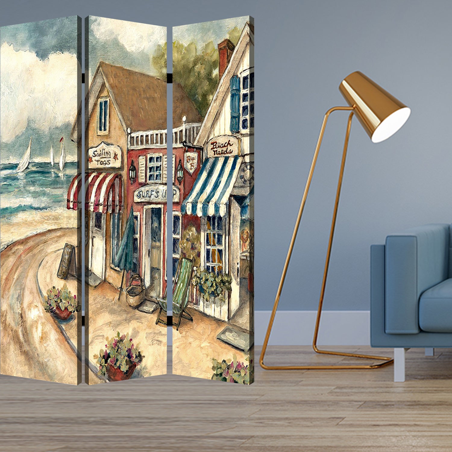 48 X 72 Multi Color Wood Canvas Seaside Town Slate Screen-Room Dividers-DECOROLALA