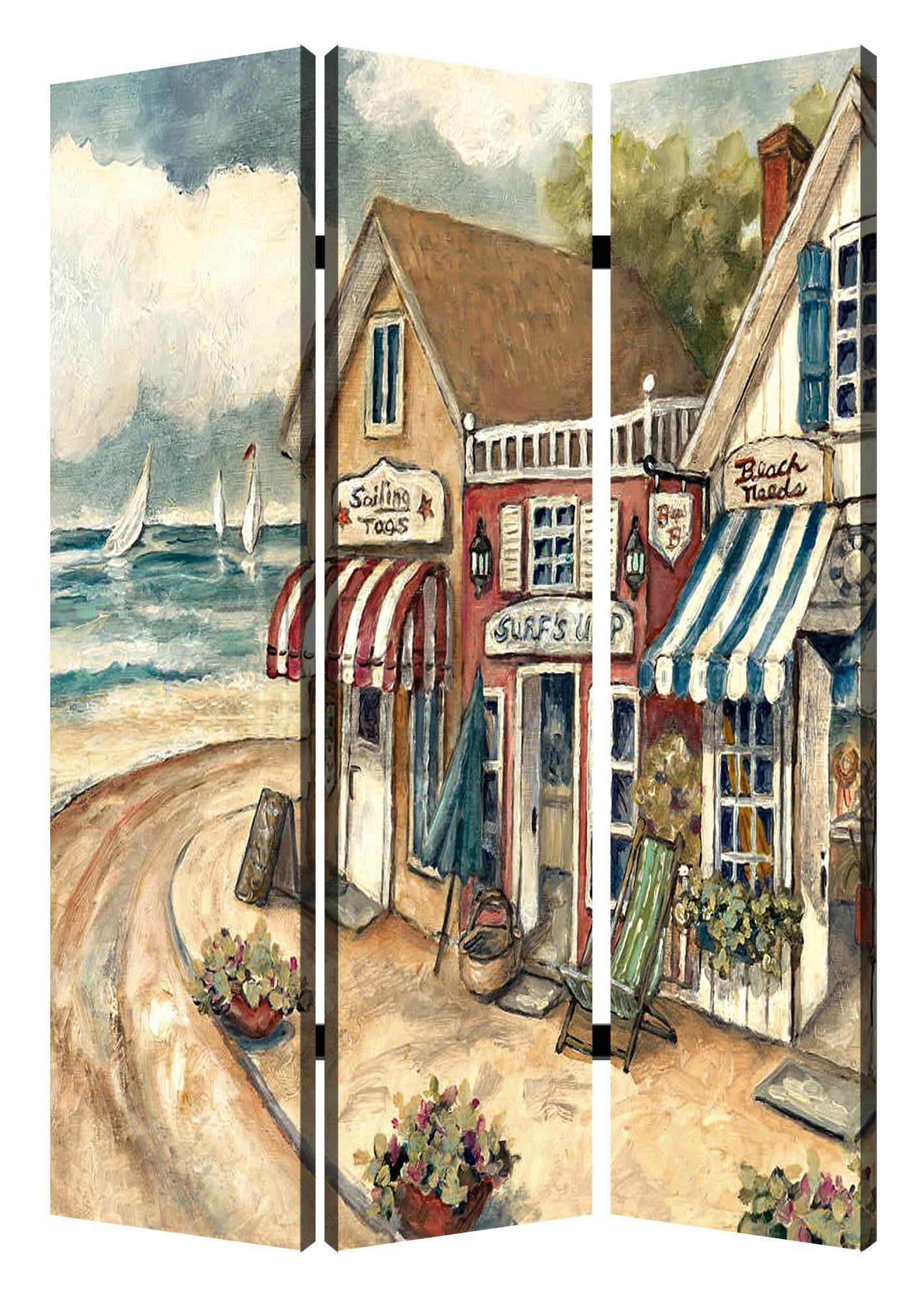 48 X 72 Multi Color Wood Canvas Seaside Town Slate Screen-Room Dividers-DECOROLALA