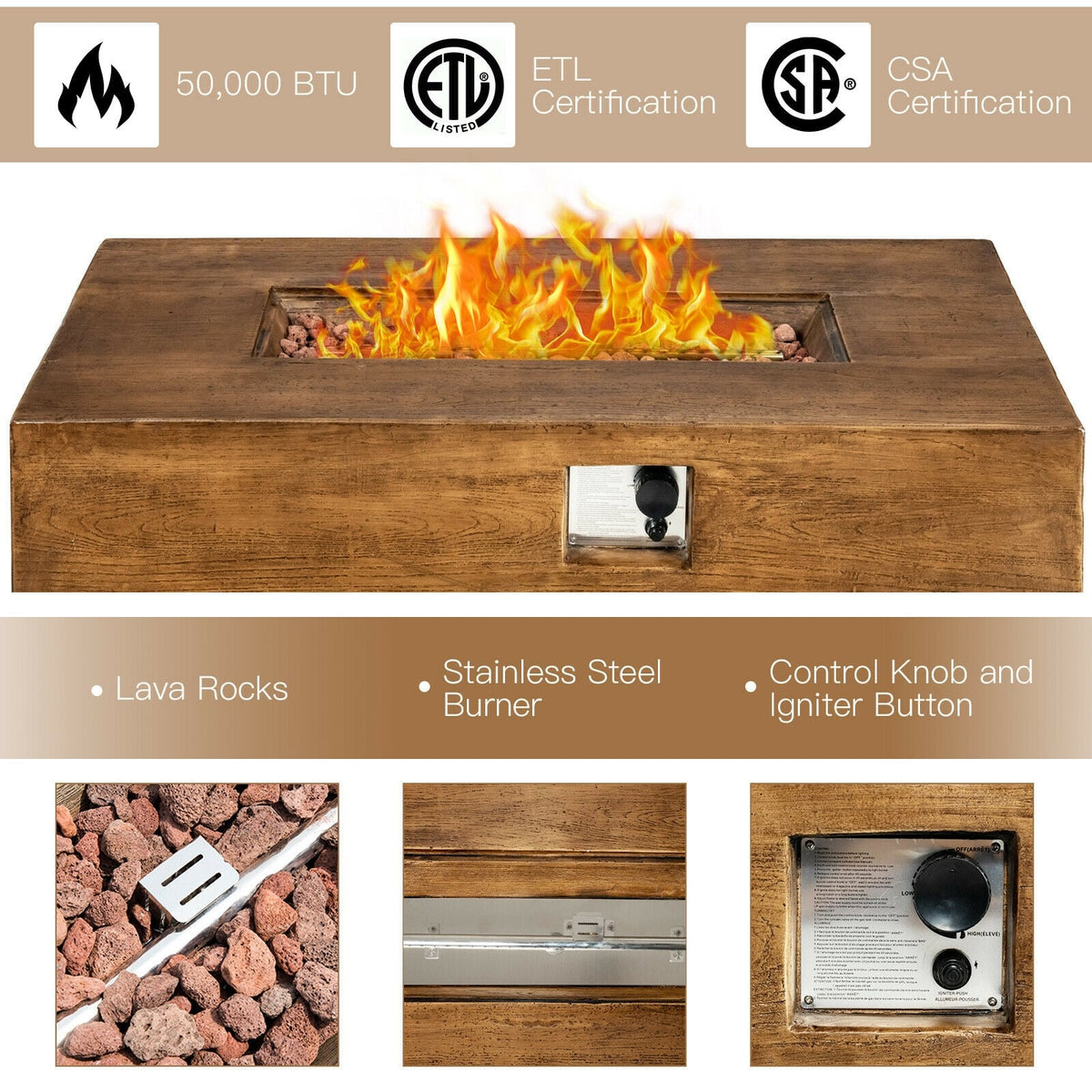 48 x 27Inch Outdoor Gas Fire Pit Table 50 000 BTU with Lava Rocks and Cover-Fire Pit Tables-DECOROLALA