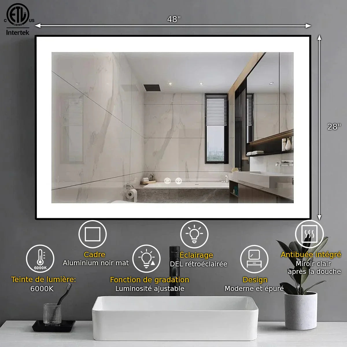 48" x 28" LED Bathroom Mirror with Matte Black Aluminum Frame - Hardwired Anti-Fog Smart Mirror with Frosted Edge Glow, Dimming Control & 6000K Backlit Lighting-Migration_Mirrors-DECOROLALA