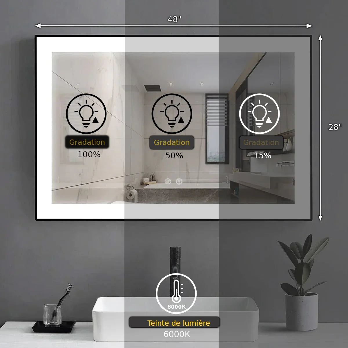 48" x 28" LED Bathroom Mirror with Matte Black Aluminum Frame - Hardwired Anti-Fog Smart Mirror with Frosted Edge Glow, Dimming Control & 6000K Backlit Lighting-Migration_Mirrors-DECOROLALA