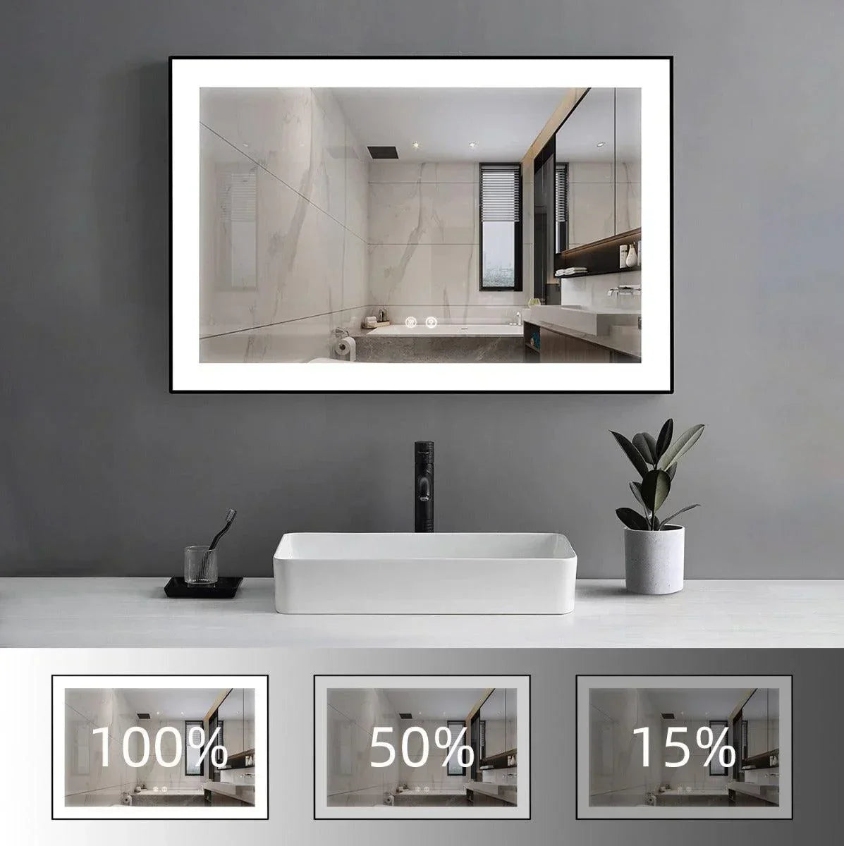 48" x 28" LED Bathroom Mirror with Matte Black Aluminum Frame - Hardwired Anti-Fog Smart Mirror with Frosted Edge Glow, Dimming Control & 6000K Backlit Lighting-Migration_Mirrors-DECOROLALA