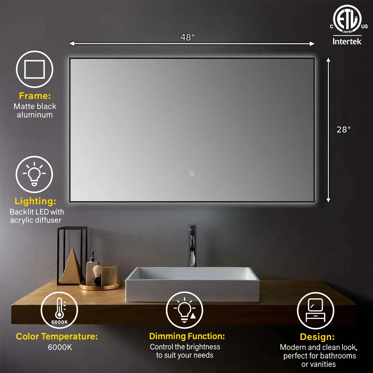 48" x 28" Premium LED Bathroom Mirror with Matte Black Aluminum Frame - Anti-Fog Smart Mirror with Adaptive Dimming Control, 6000K Cool White Lighting & Compact Illumination Design-Migration_Mirrors-DECOROLALA