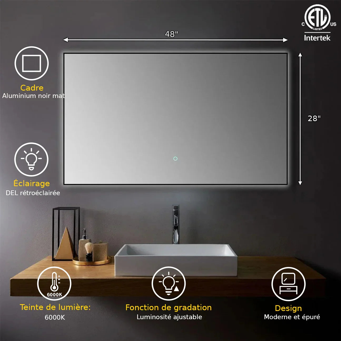48" x 28" Premium LED Bathroom Mirror with Matte Black Aluminum Frame - Anti-Fog Smart Mirror with Adaptive Dimming Control, 6000K Cool White Lighting & Compact Illumination Design-Migration_Mirrors-DECOROLALA