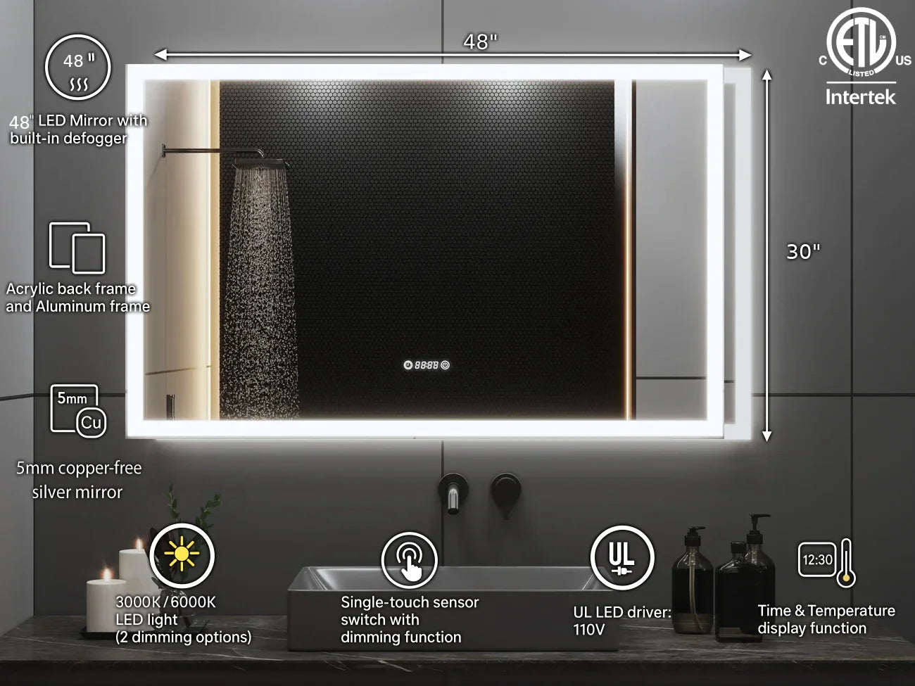 48" x 30" Smart LED Bathroom Mirror with Digital Time & Temperature Display - Professional Anti-Fog Mirror with Dual Color Temperature (3000K/6000K), Touch Dimming Control & 5mm Copper-Free Silver Glass-Migration_Mirrors-DECOROLALA
