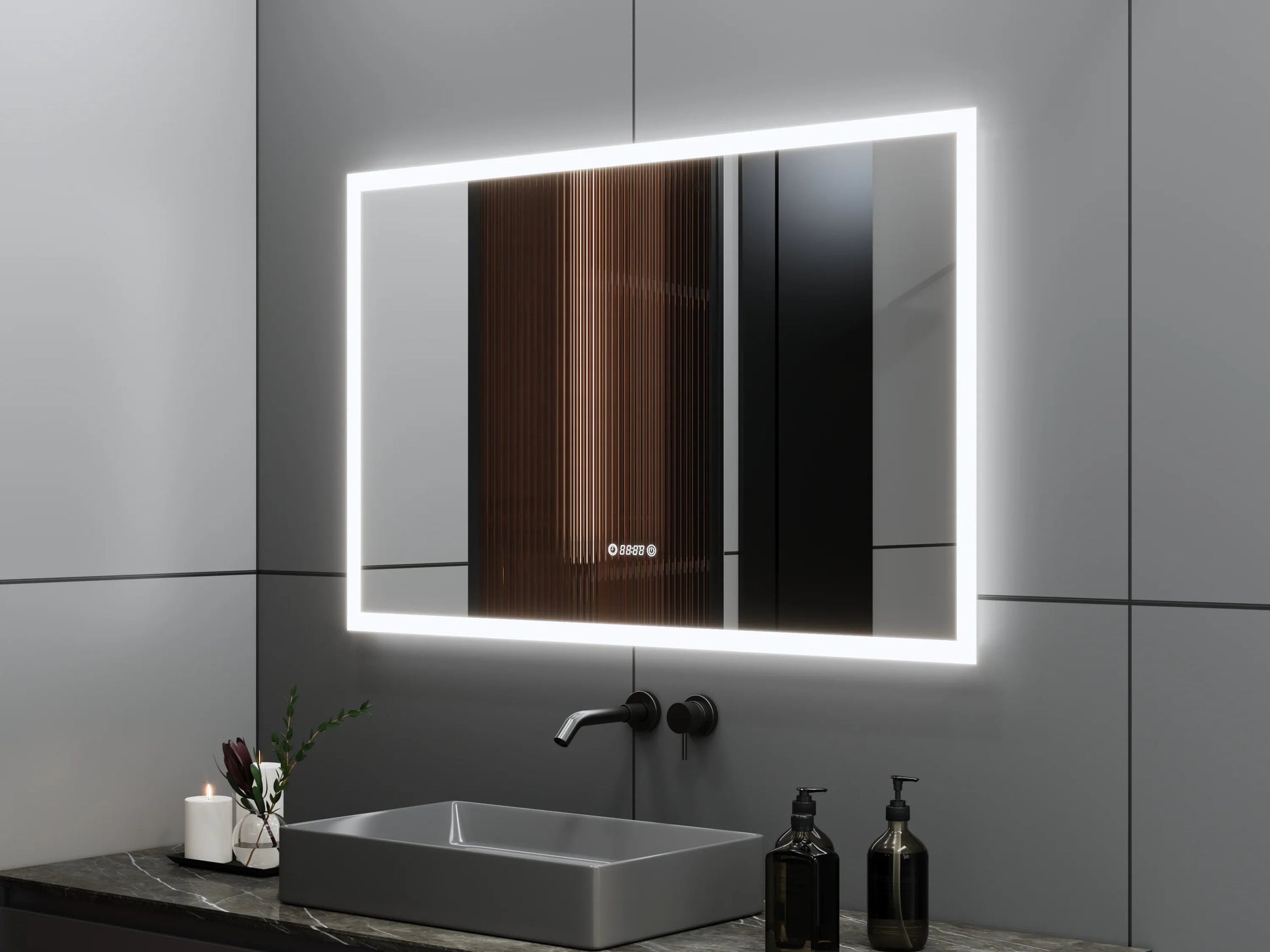 48" x 30" Smart LED Bathroom Mirror with Digital Time & Temperature Display - Professional Anti-Fog Mirror with Dual Color Temperature (3000K/6000K), Touch Dimming Control & 5mm Copper-Free Silver Glass-Migration_Mirrors-DECOROLALA