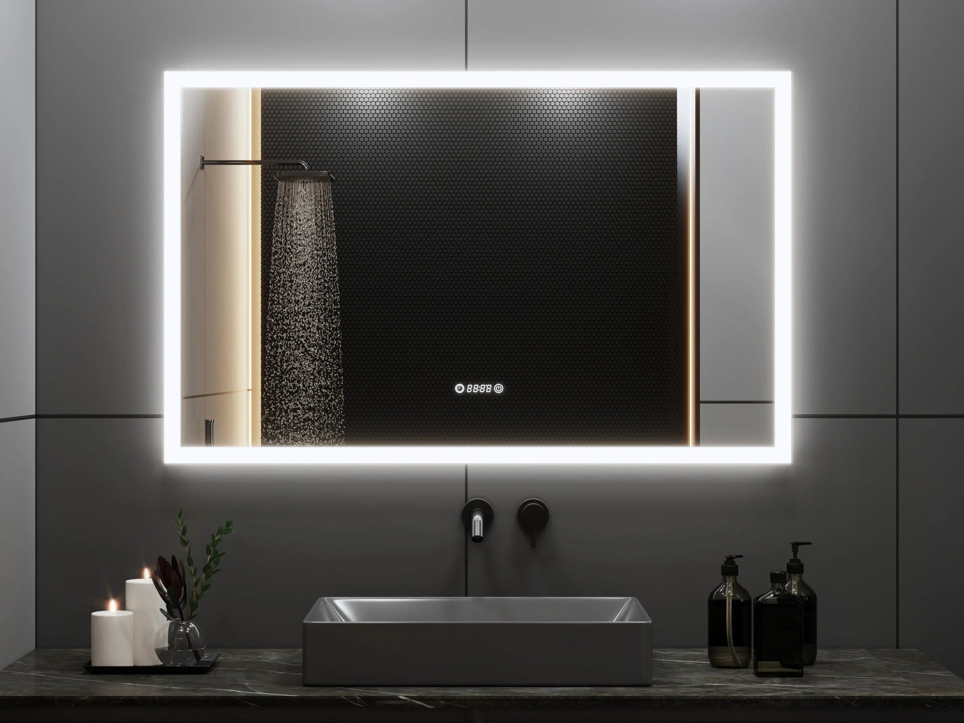 48" x 30" Smart LED Bathroom Mirror with Digital Time & Temperature Display - Professional Anti-Fog Mirror with Dual Color Temperature (3000K/6000K), Touch Dimming Control & 5mm Copper-Free Silver Glass-Migration_Mirrors-DECOROLALA