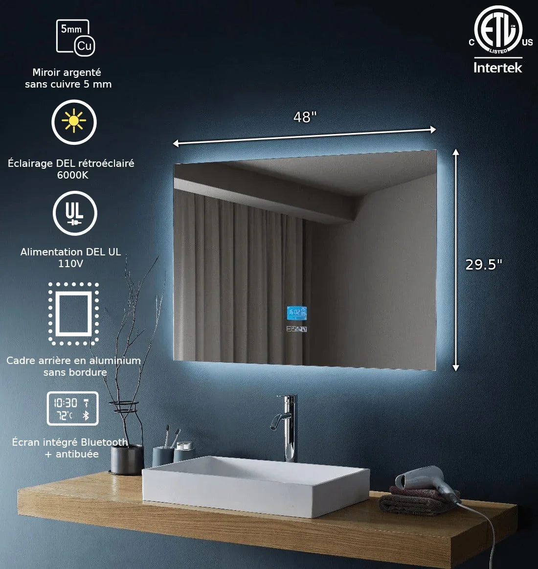 48" x 30" Smart LED Bathroom Mirror with Touch Screen Display - Bluetooth Mirror with Built-in Speakers, Automatic Anti-Fog Technology, Energy-Saving Lighting & Frameless Design-Migration_Mirrors-DECOROLALA
