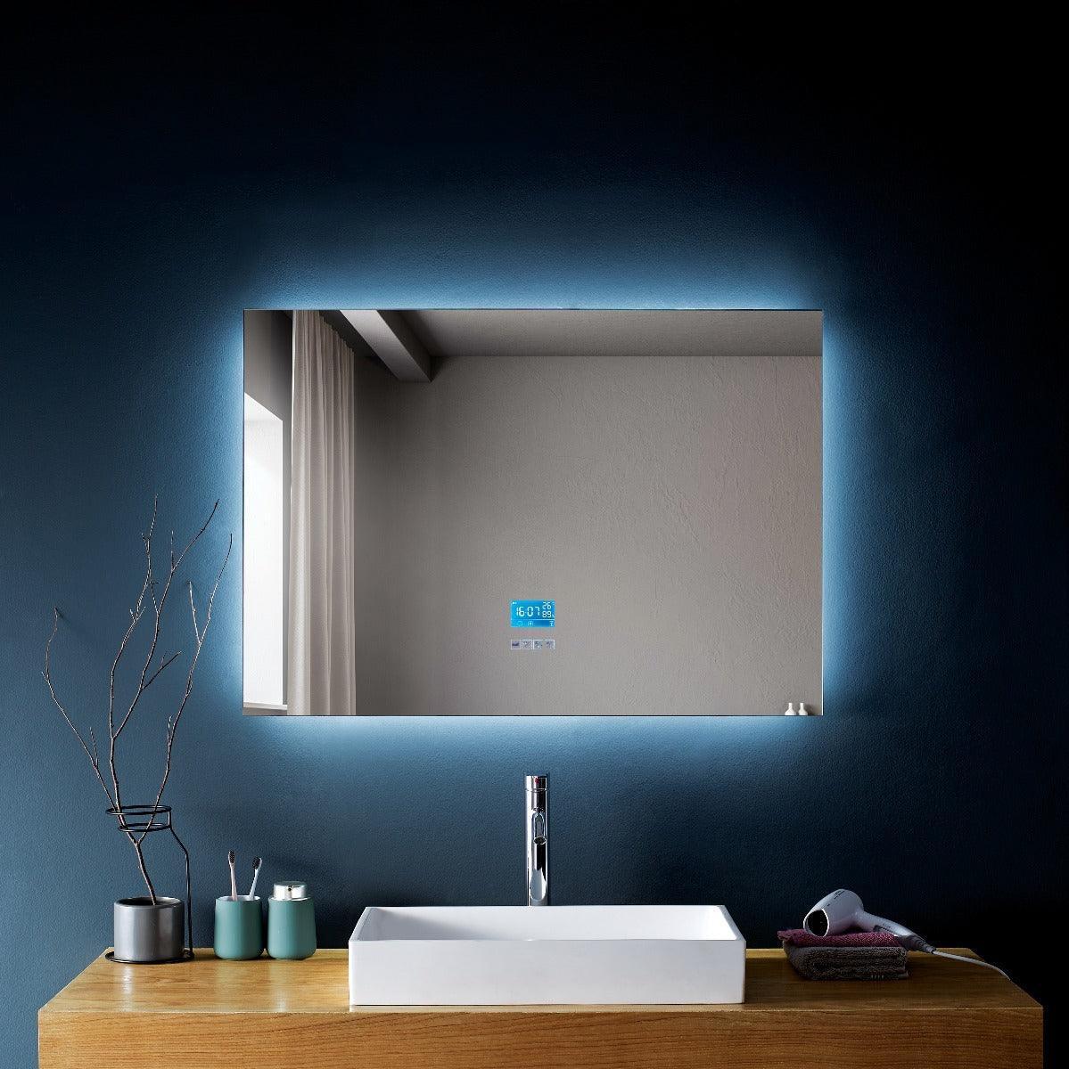 48" x 30" Smart LED Bathroom Mirror with Touch Screen Display - Bluetooth Mirror with Built-in Speakers, Automatic Anti-Fog Technology, Energy-Saving Lighting & Frameless Design-Migration_Mirrors-DECOROLALA