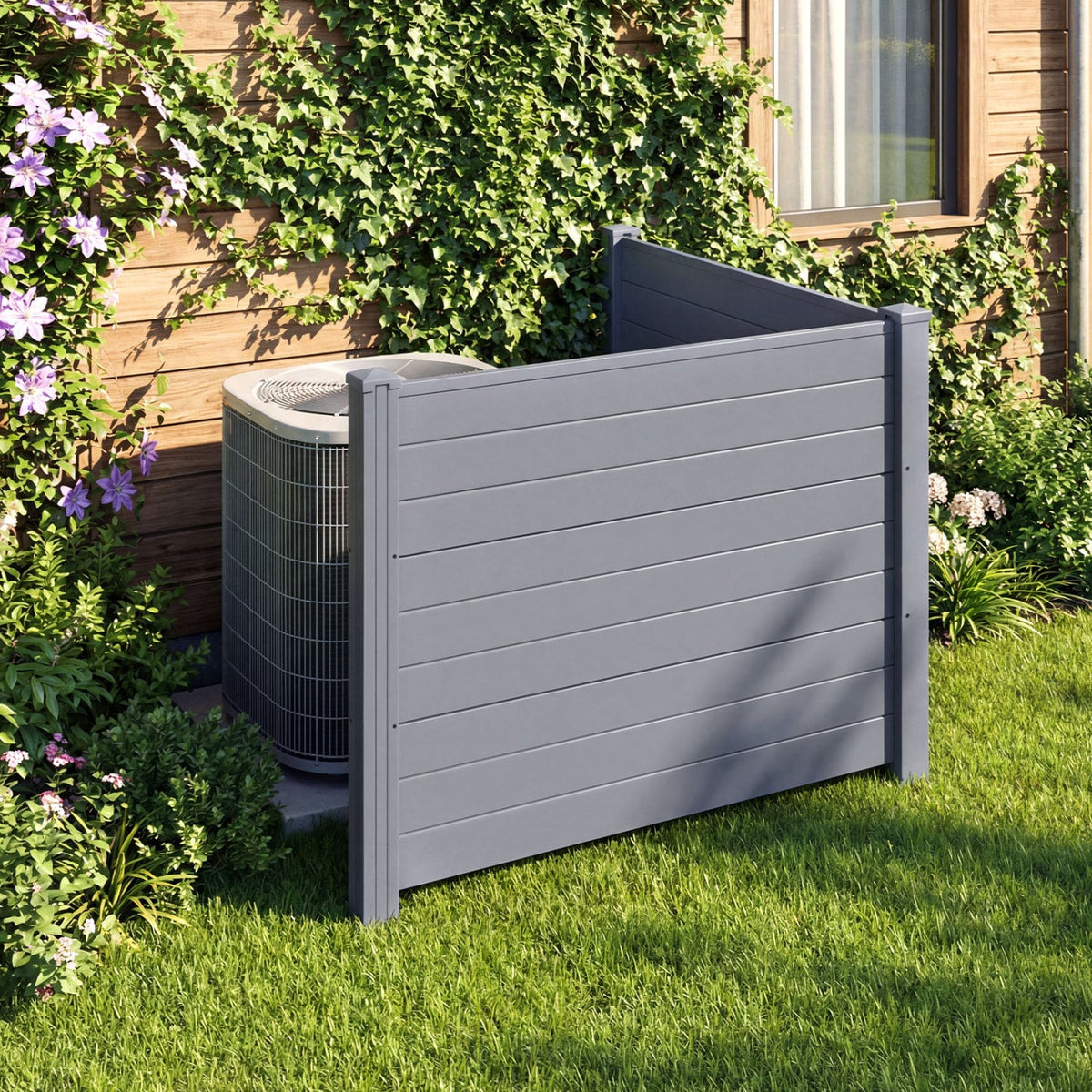 48 x 38 Inch Air Conditioner Fence 2 Panels with Metal Ground Stakes-Gray-Outdoor Privacy Screens-DECOROLALA