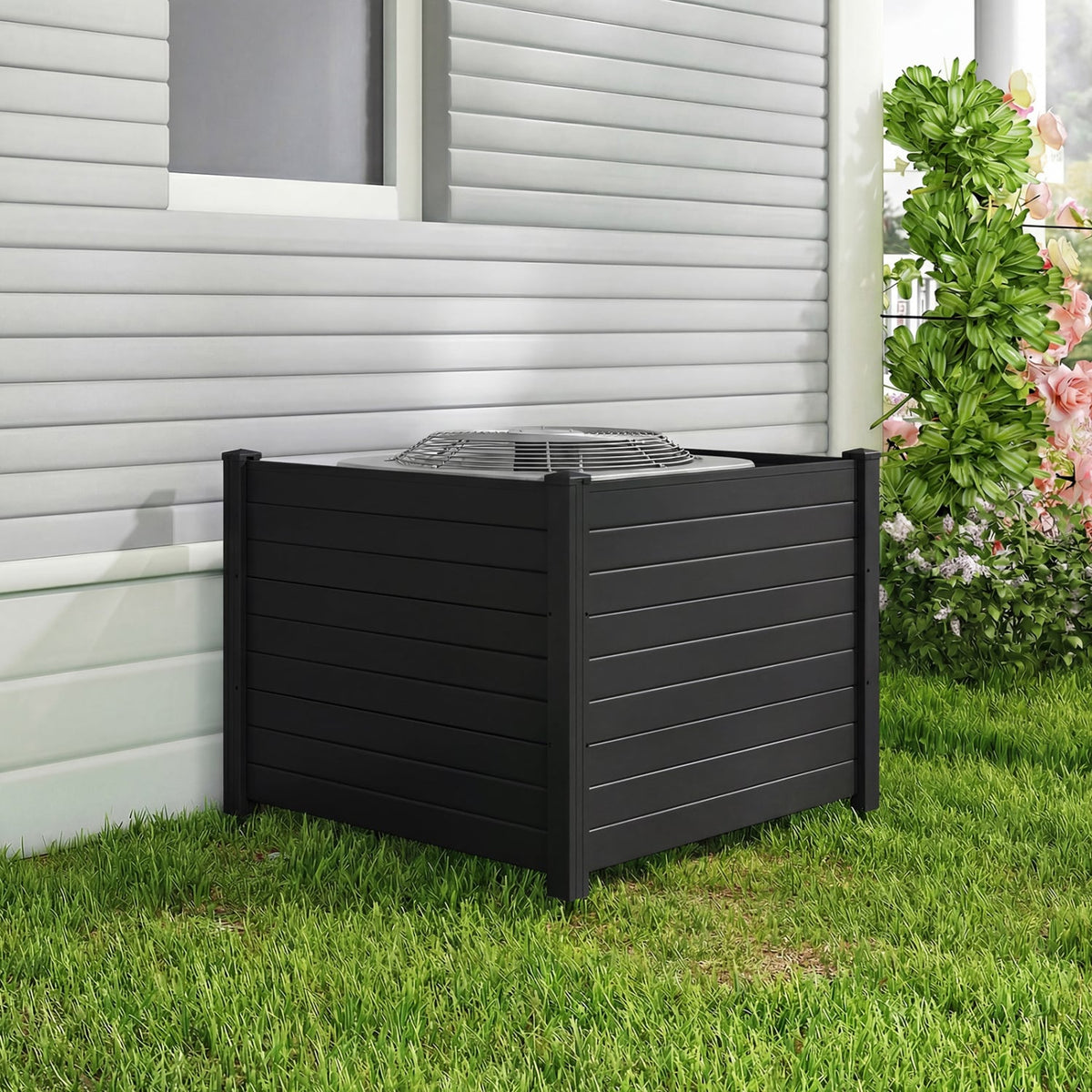 48 x 38 Inch Air Conditioner Fence 3 Panels with Metal Ground Stakes for Patio Backyard-Black-Outdoor Privacy Screens-DECOROLALA