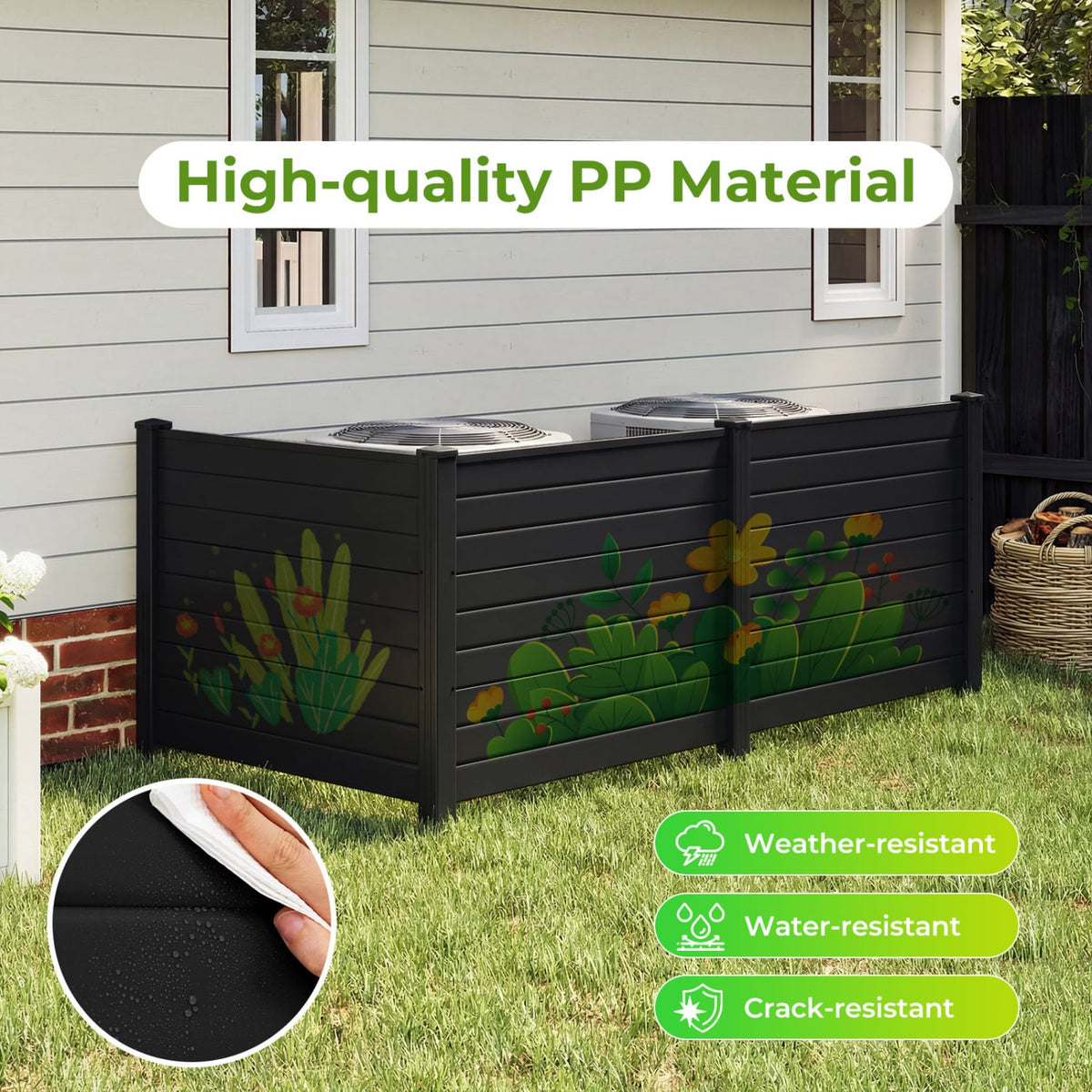 48 x 38 Inch Air Conditioner Fence 3 Panels with Metal Ground Stakes for Patio Backyard-Black-Outdoor Privacy Screens-DECOROLALA