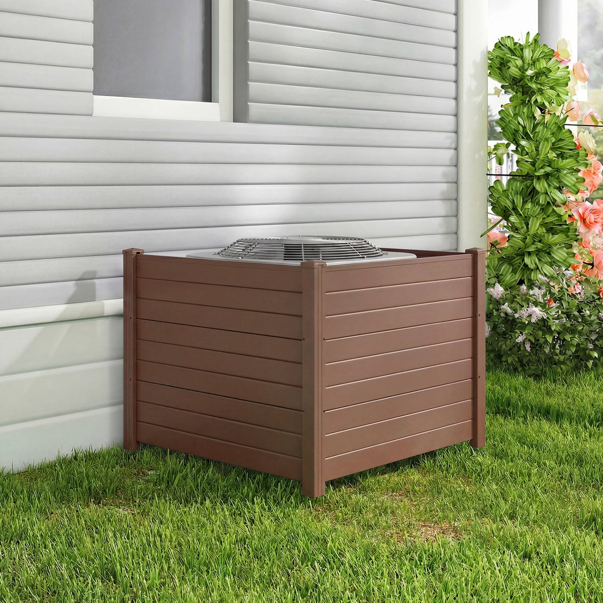 48 x 38 Inch Air Conditioner Fence 3 Panels with Metal Ground Stakes for Patio Backyard-Brown-Outdoor Privacy Screens-DECOROLALA
