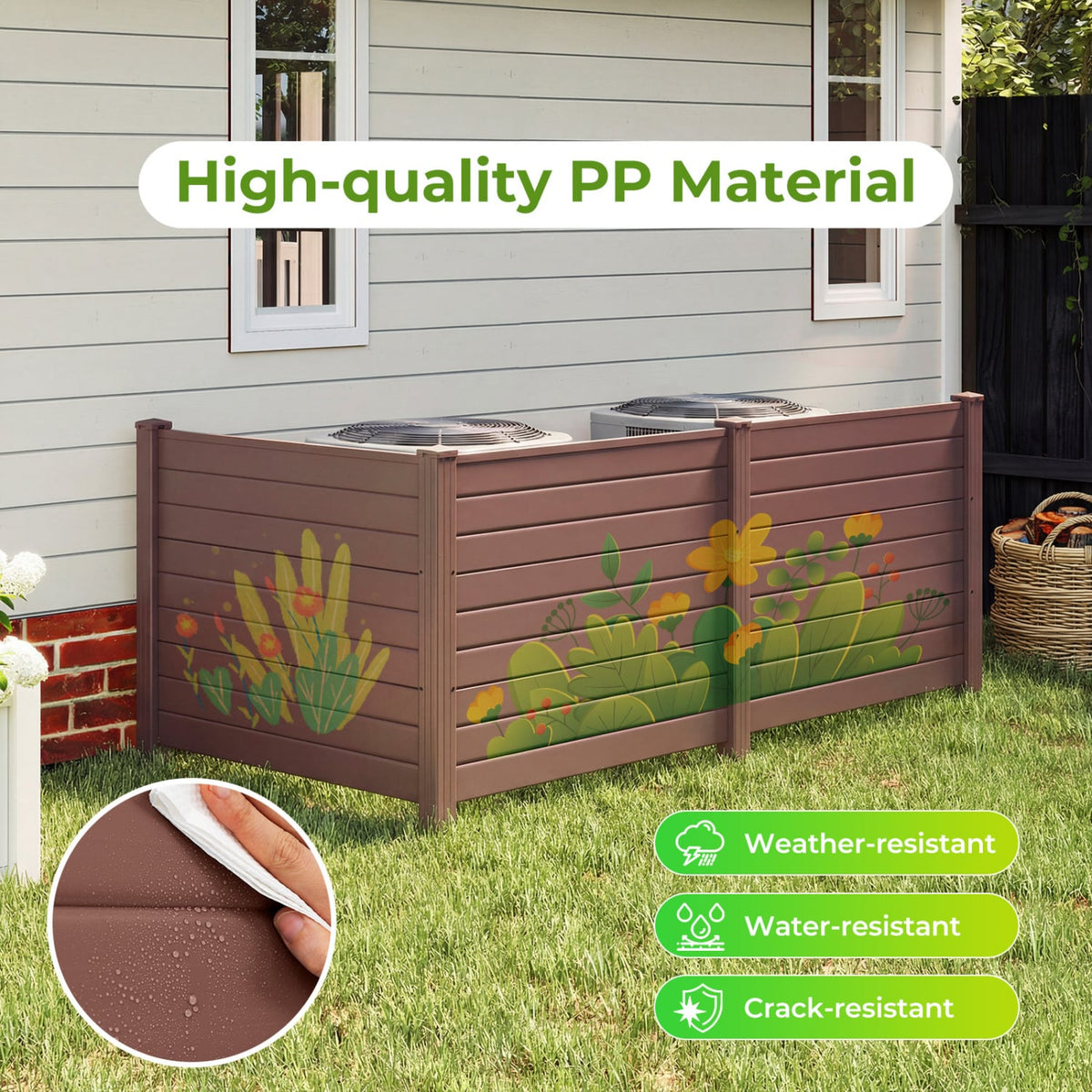 48 x 38 Inch Air Conditioner Fence 3 Panels with Metal Ground Stakes for Patio Backyard-Brown-Outdoor Privacy Screens-DECOROLALA