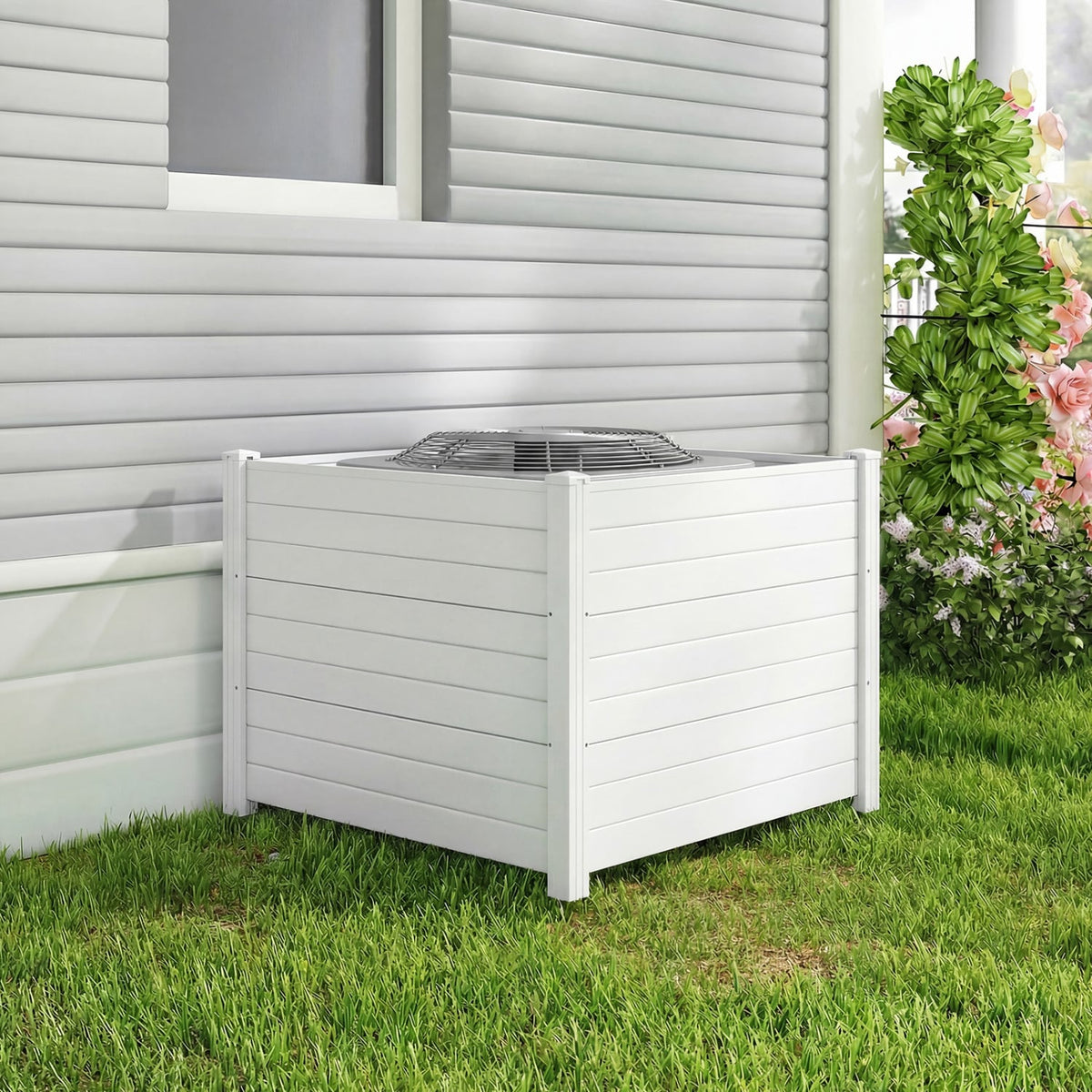 48 x 38 Inch Air Conditioner Fence 3 Panels with Metal Ground Stakes for Patio Backyard-White-Outdoor Privacy Screens-DECOROLALA