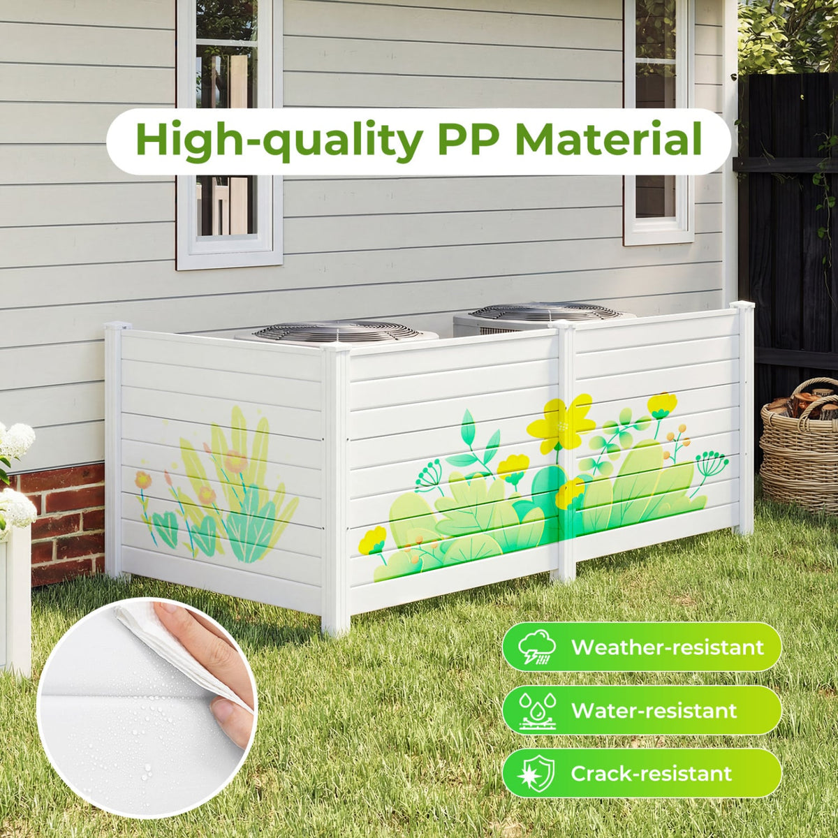 48 x 38 Inch Air Conditioner Fence 3 Panels with Metal Ground Stakes for Patio Backyard-White-Outdoor Privacy Screens-DECOROLALA