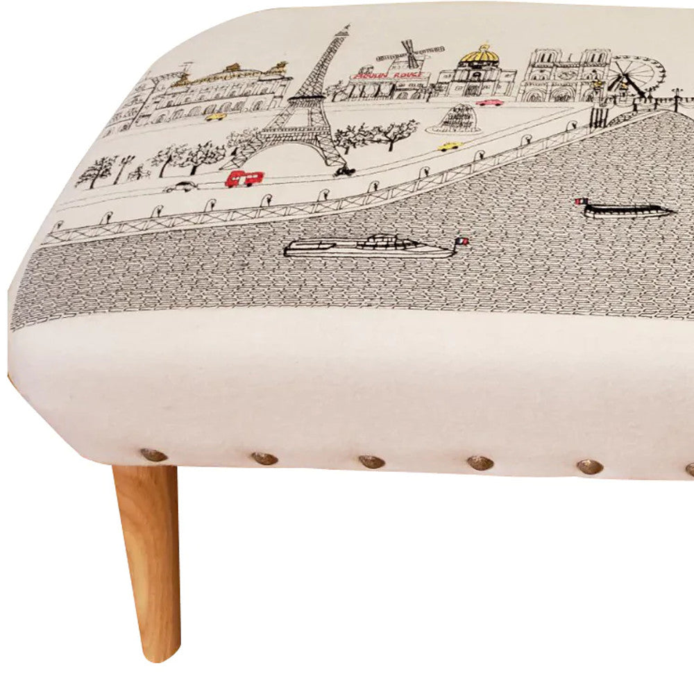 38" Cream Wool And Brown Ottoman-Ottomans-DECOROLALA
