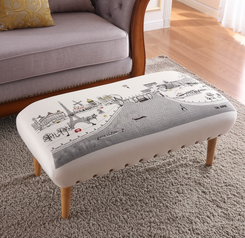 38" Cream Wool And Brown Ottoman-Ottomans-DECOROLALA