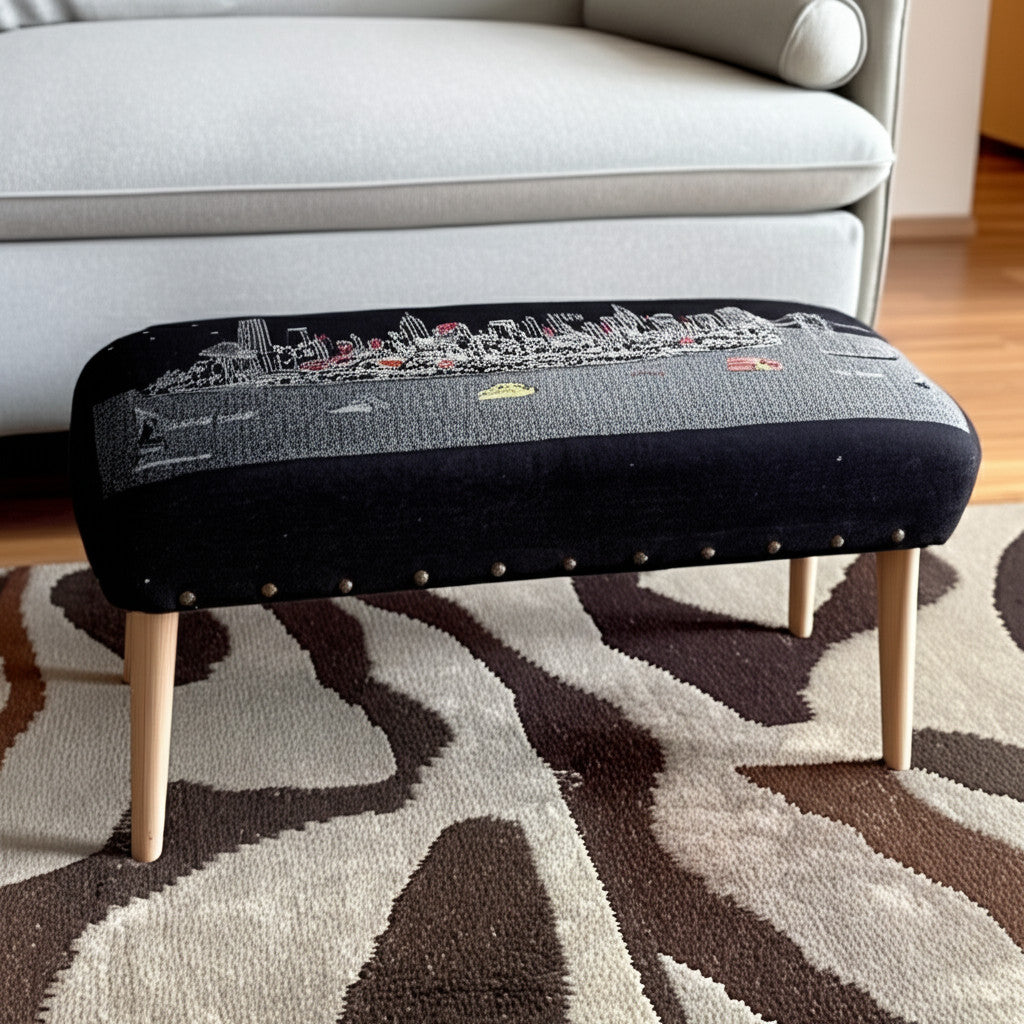 38" Gray Wool and Brown Ottoman-Ottomans-DECOROLALA