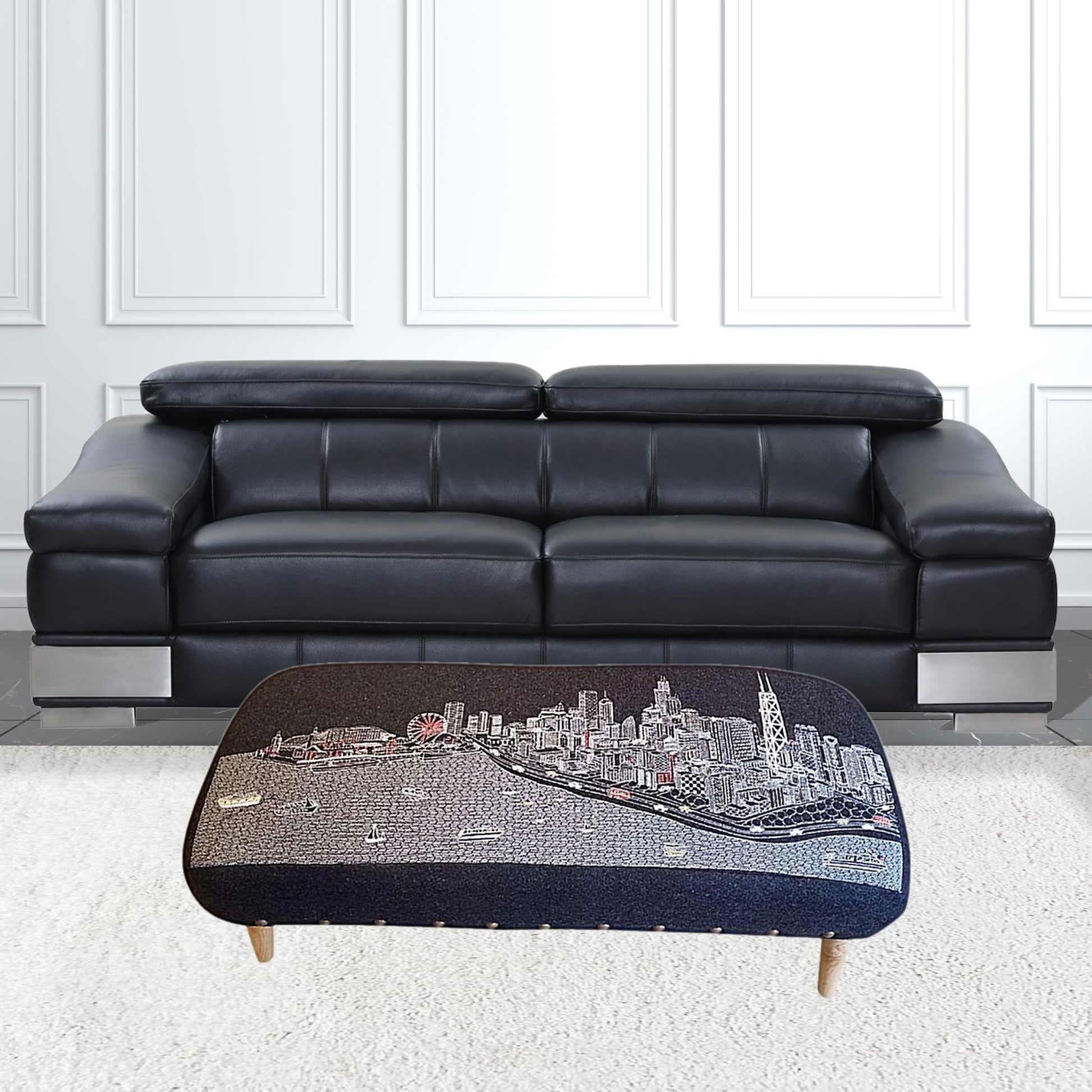 38" Gray Wool and Brown Ottoman-Ottomans-DECOROLALA