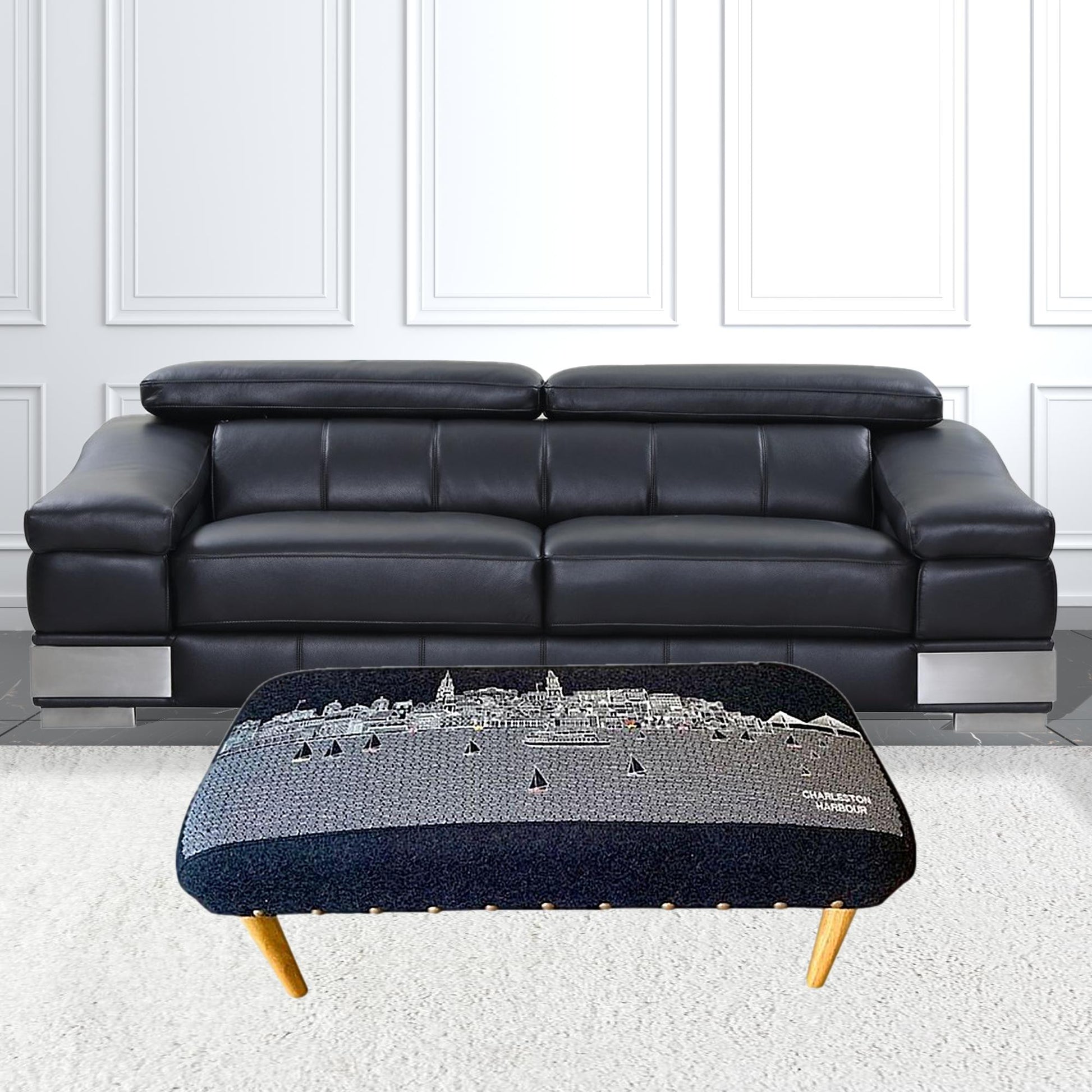 38" Gray Wool and Brown Ottoman-Ottomans-DECOROLALA