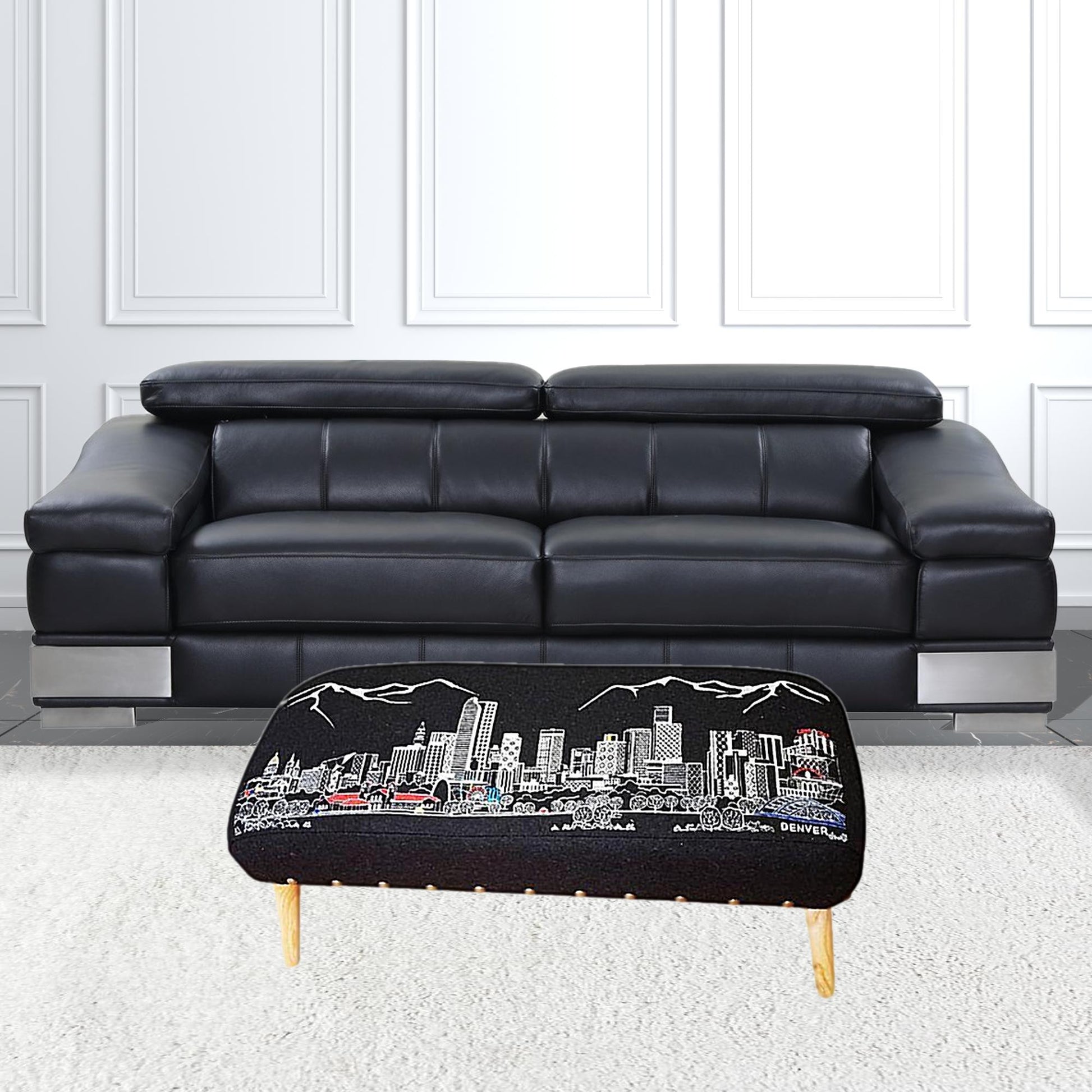 38" Gray Wool and Brown Ottoman-Ottomans-DECOROLALA