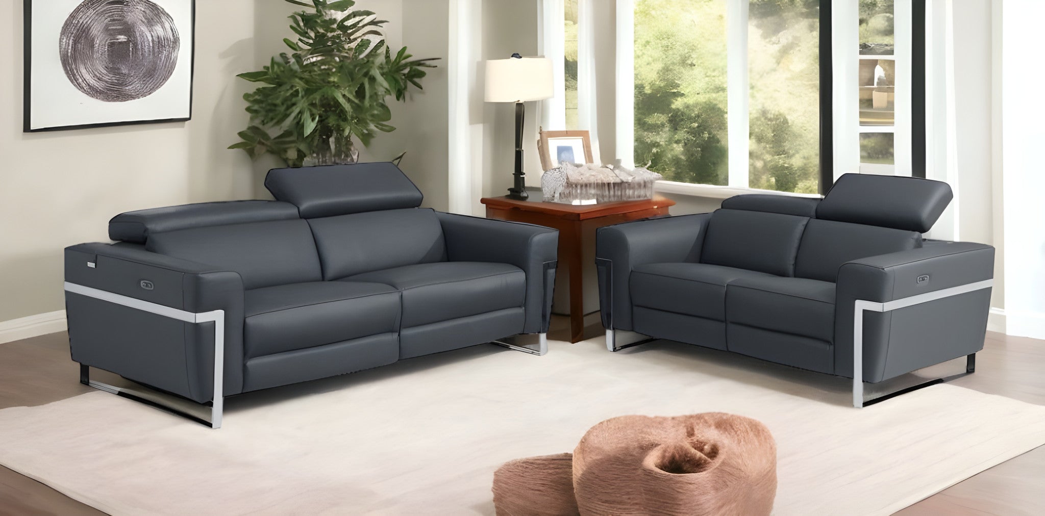 Two Piece Indoor Dark Gray Italian Leather Five Person Seating Set-Seating Sets-DECOROLALA