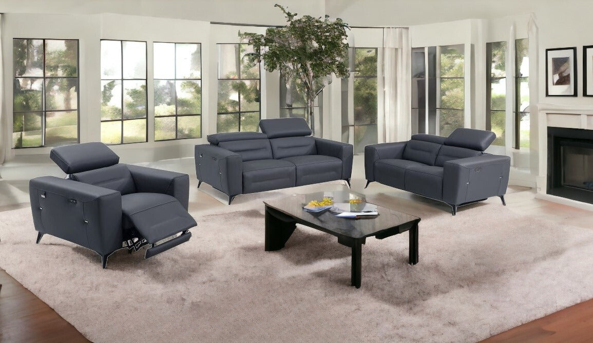 Three Piece Indoor Dark Gray Italian Leather Six Person Seating Set-Seating Sets-DECOROLALA