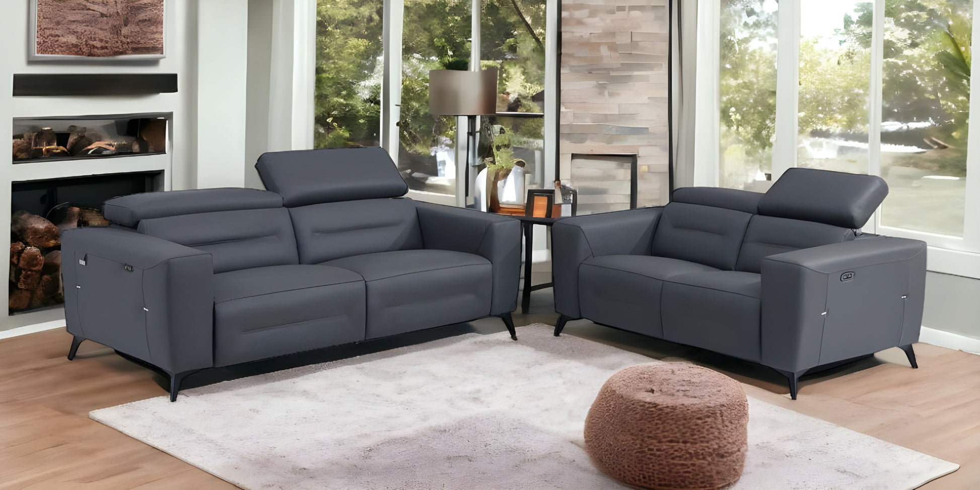 Two Piece Indoor Dark Gray Italian Leather Five Person Seating Set-Seating Sets-DECOROLALA