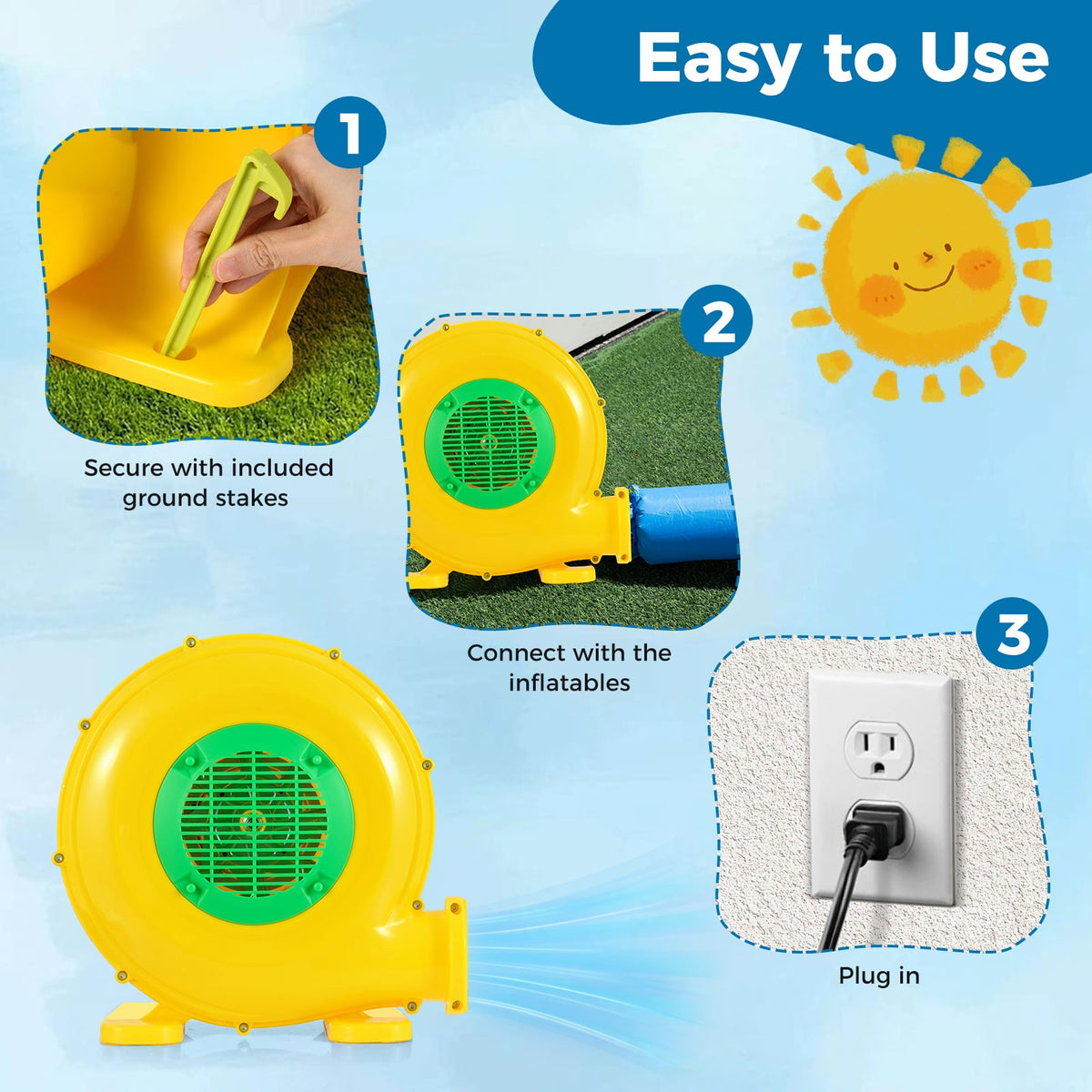 480W Bounce House Blower with Handle and Ground Stakes-Air Blowers-DECOROLALA