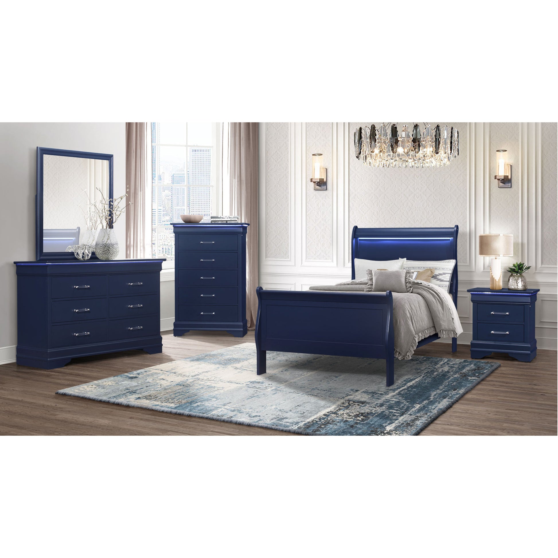 16" Blue Solid Wood Five Drawer Chest With LED Lighting-Dressers-DECOROLALA