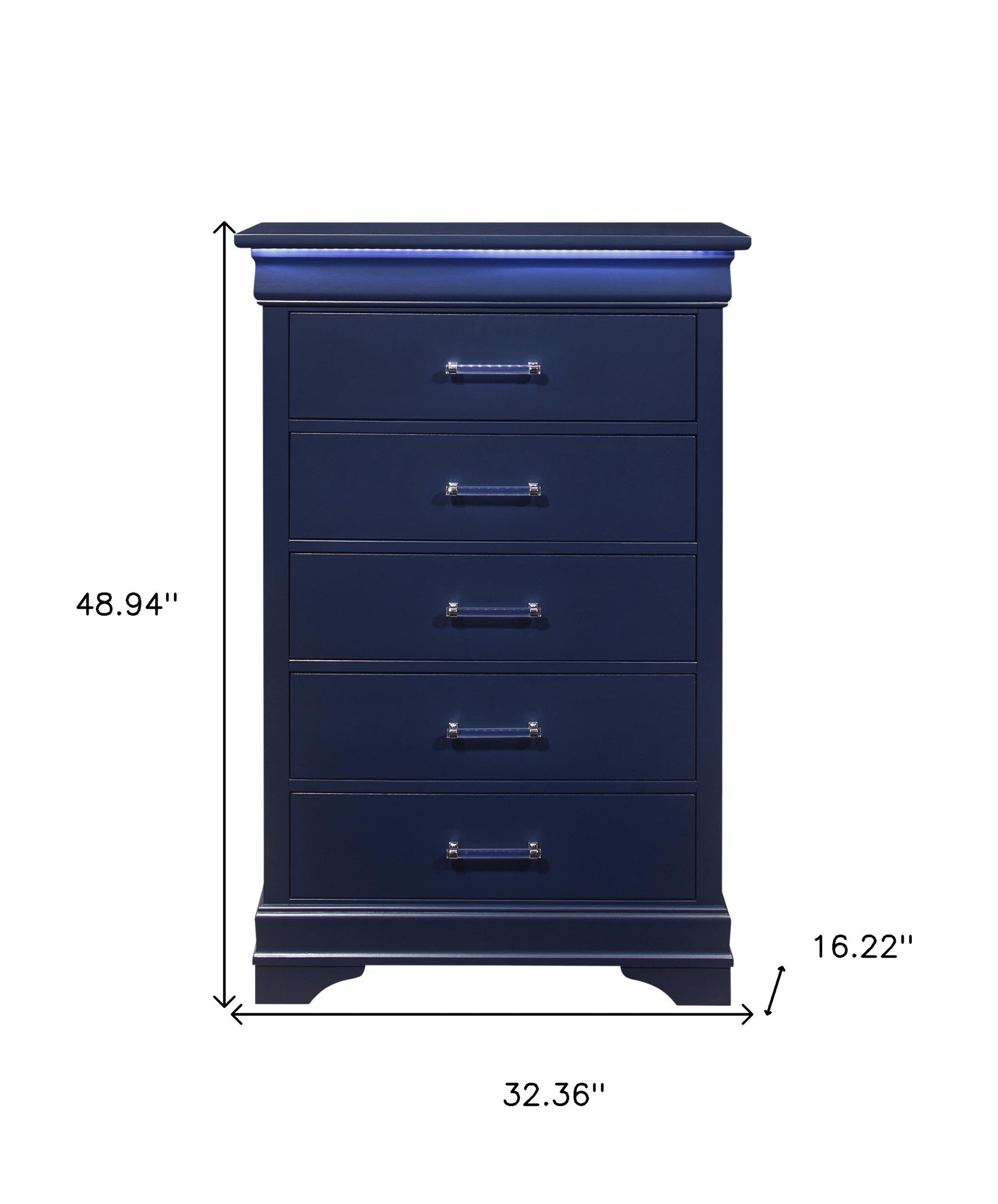 16" Blue Solid Wood Five Drawer Chest With LED Lighting-Dressers-DECOROLALA