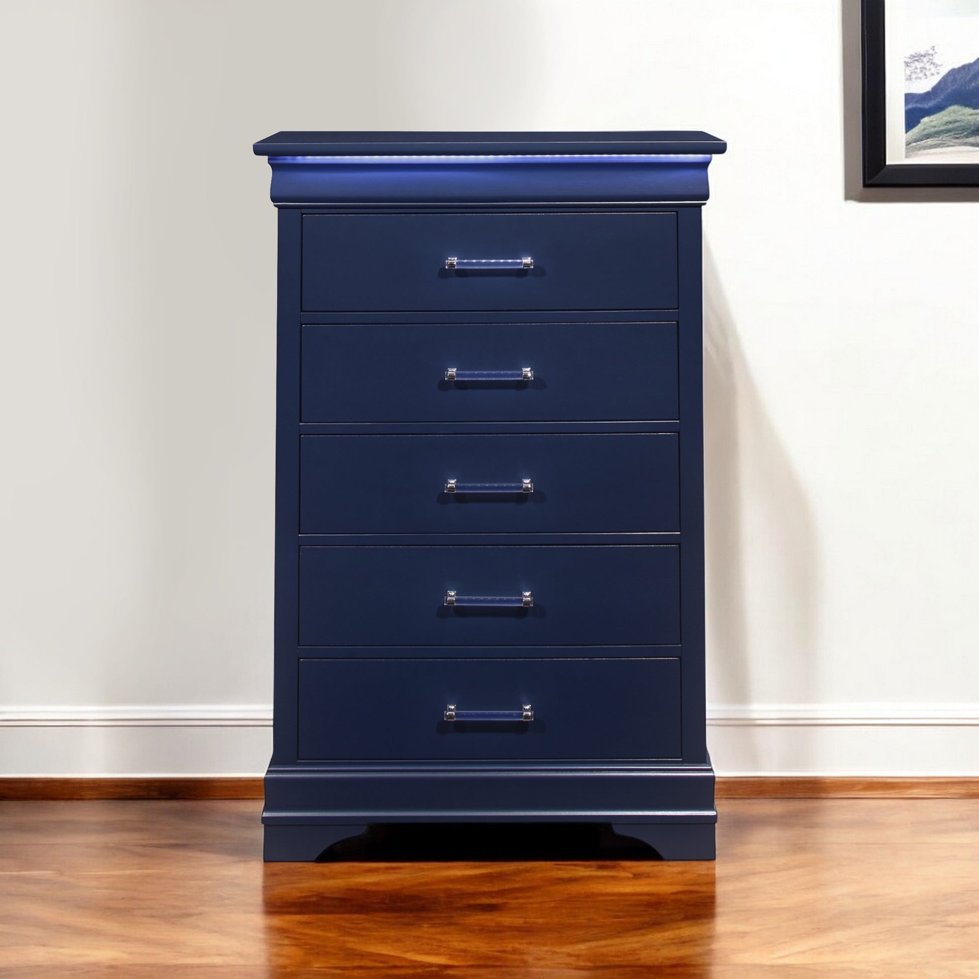 16" Blue Solid Wood Five Drawer Chest With LED Lighting-Dressers-DECOROLALA