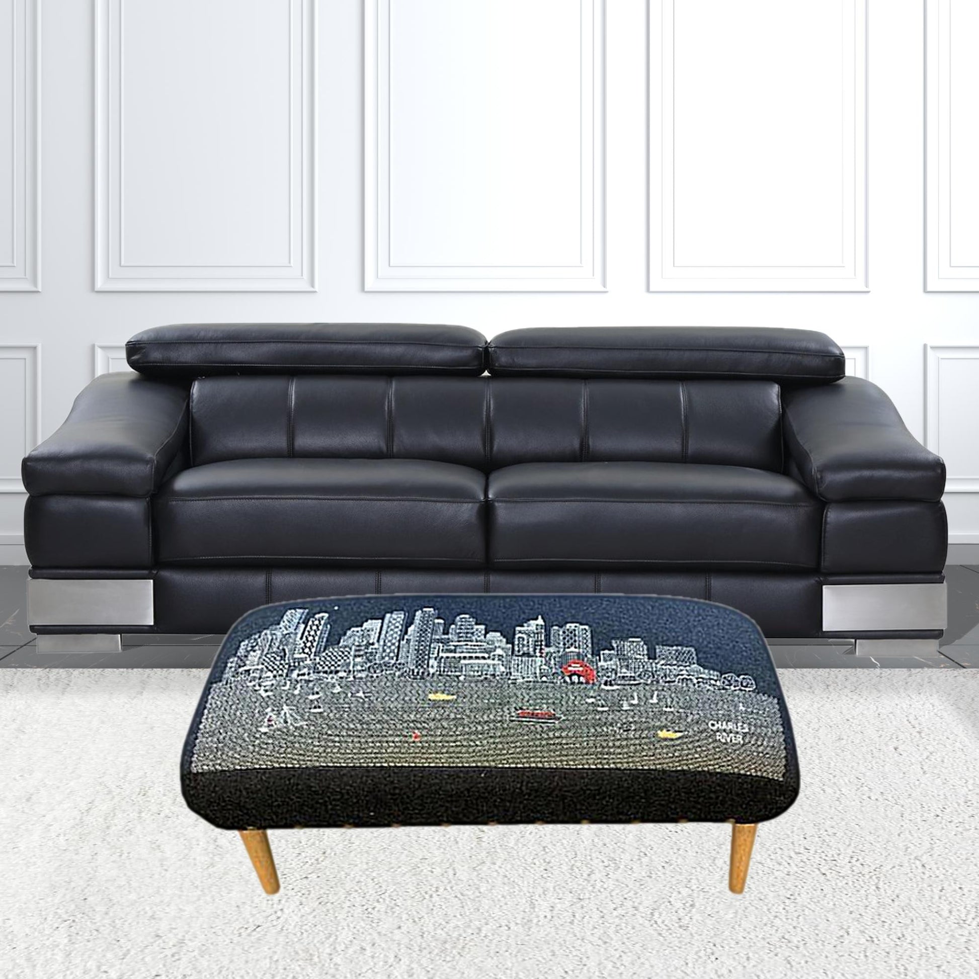 38" Gray Wool and Brown Ottoman-Ottomans-DECOROLALA