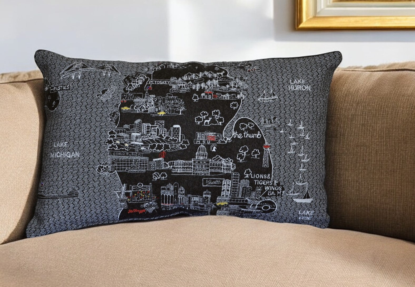 14" X 24" Black Gray and White Hometown Pride Wool Lumbar Throw Pillow-Accent Throw Pillows-DECOROLALA