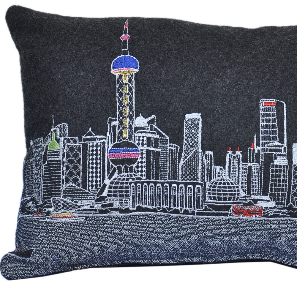 14" X 24" Black Gray and White Hometown Pride Wool Lumbar Throw Pillow-Accent Throw Pillows-DECOROLALA